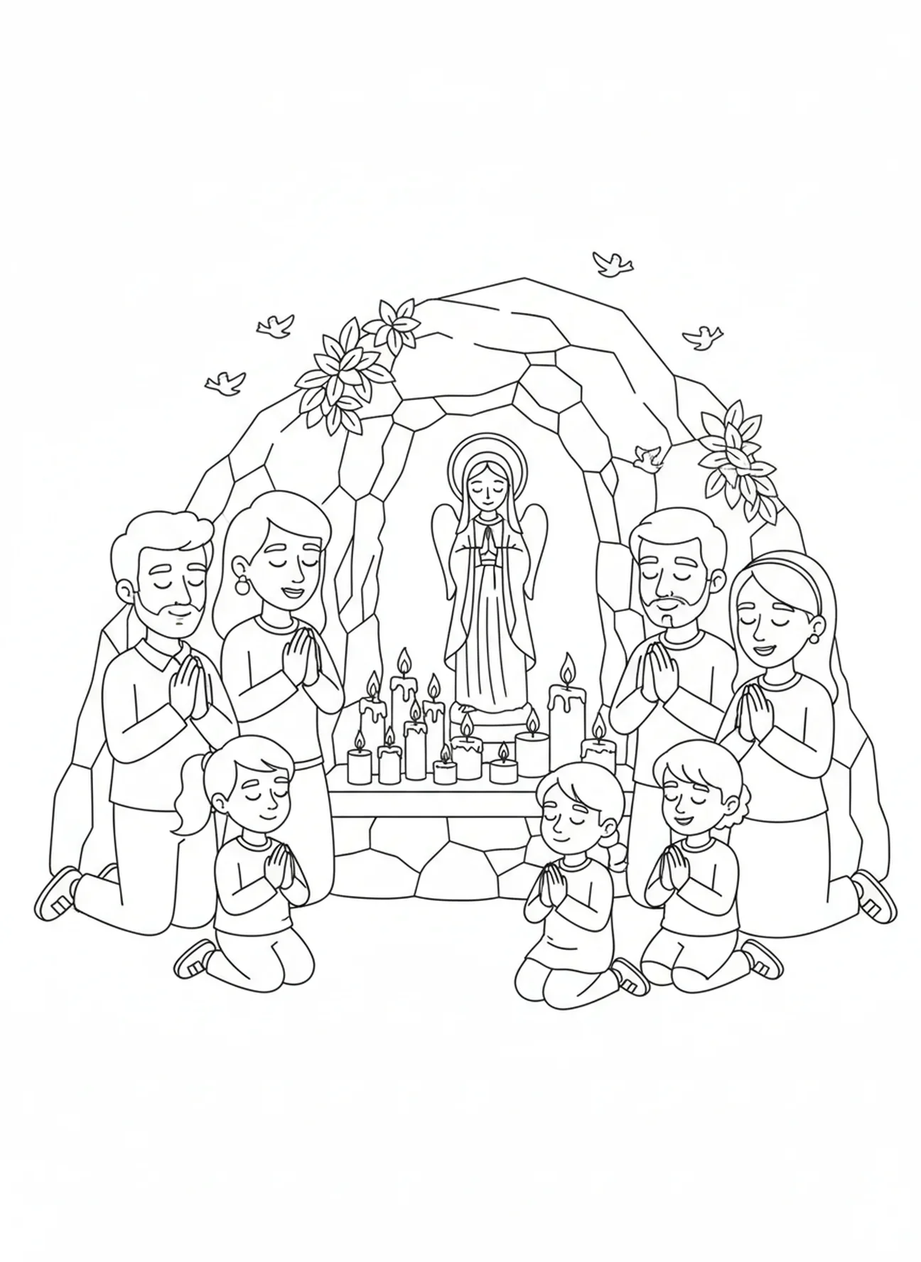 Groupe divers de personnes en prière, page à colorier de Lourdes pour les enfants de 5 à 10 ans.