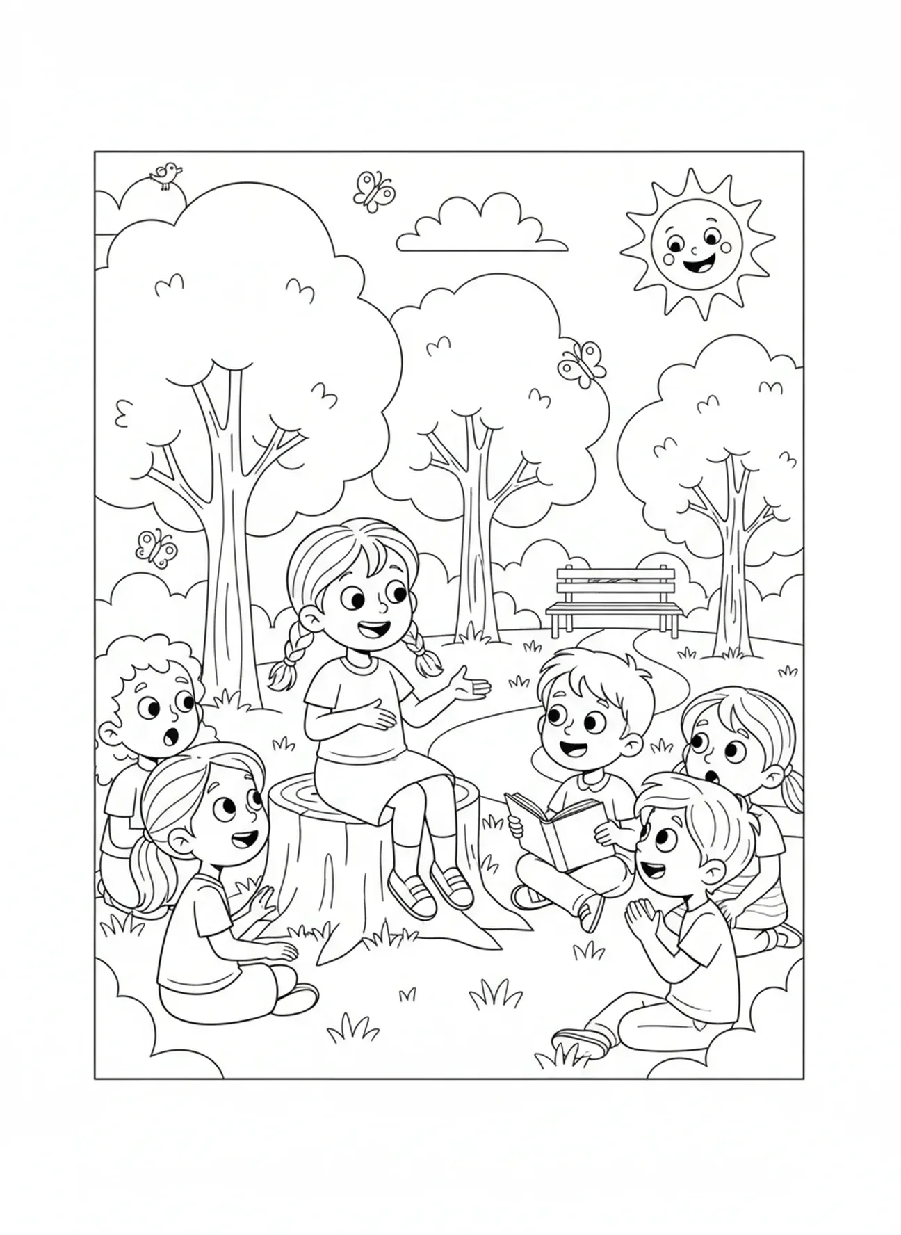 Jeune fille partageant son histoire, page à colorier de Lourdes pour les enfants de 5 à 10 ans.