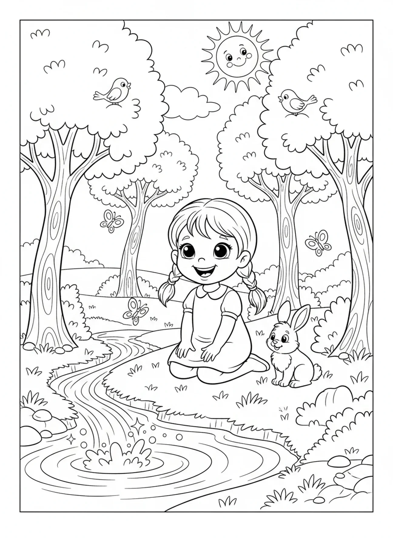 Jeune fille à genoux près d'une source, page à colorier de Lourdes pour les enfants de 5 à 10 ans.