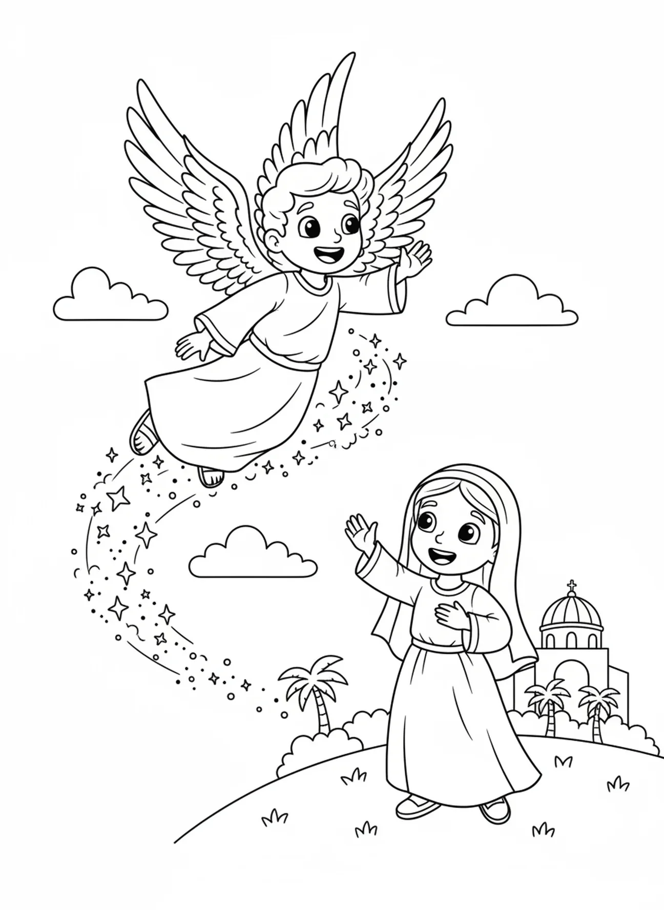 Der Engel Gabriel fliegt fröhlich davon, Ausmalbild der Verkündigung an Maria für Kinder im Alter von 5-10 Jahren
