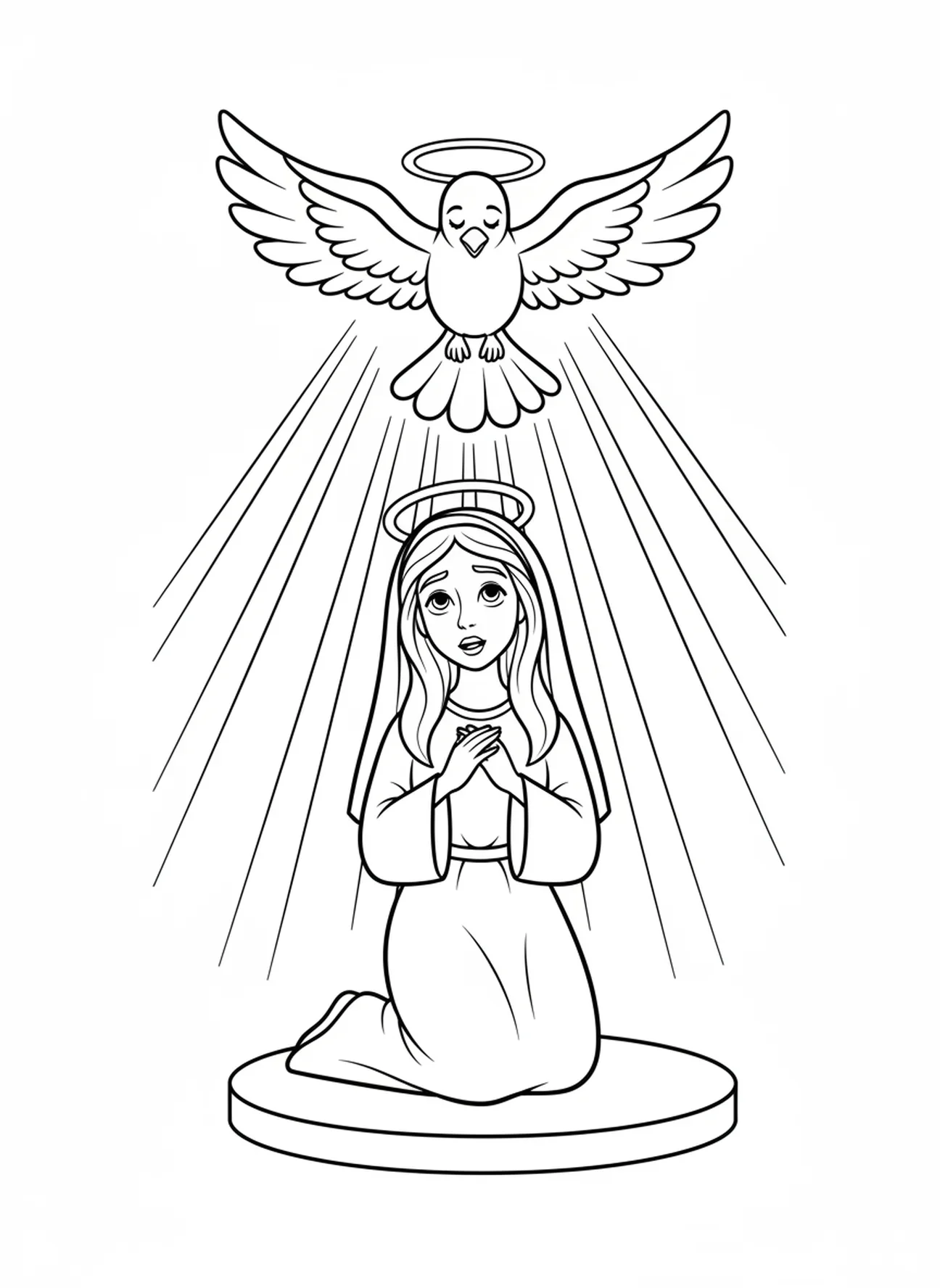 Taube, die den Heiligen Geist darstellt, Ausmalbild zur Verkündigung Mariens für Kinder im Alter von 5-10 Jahren
