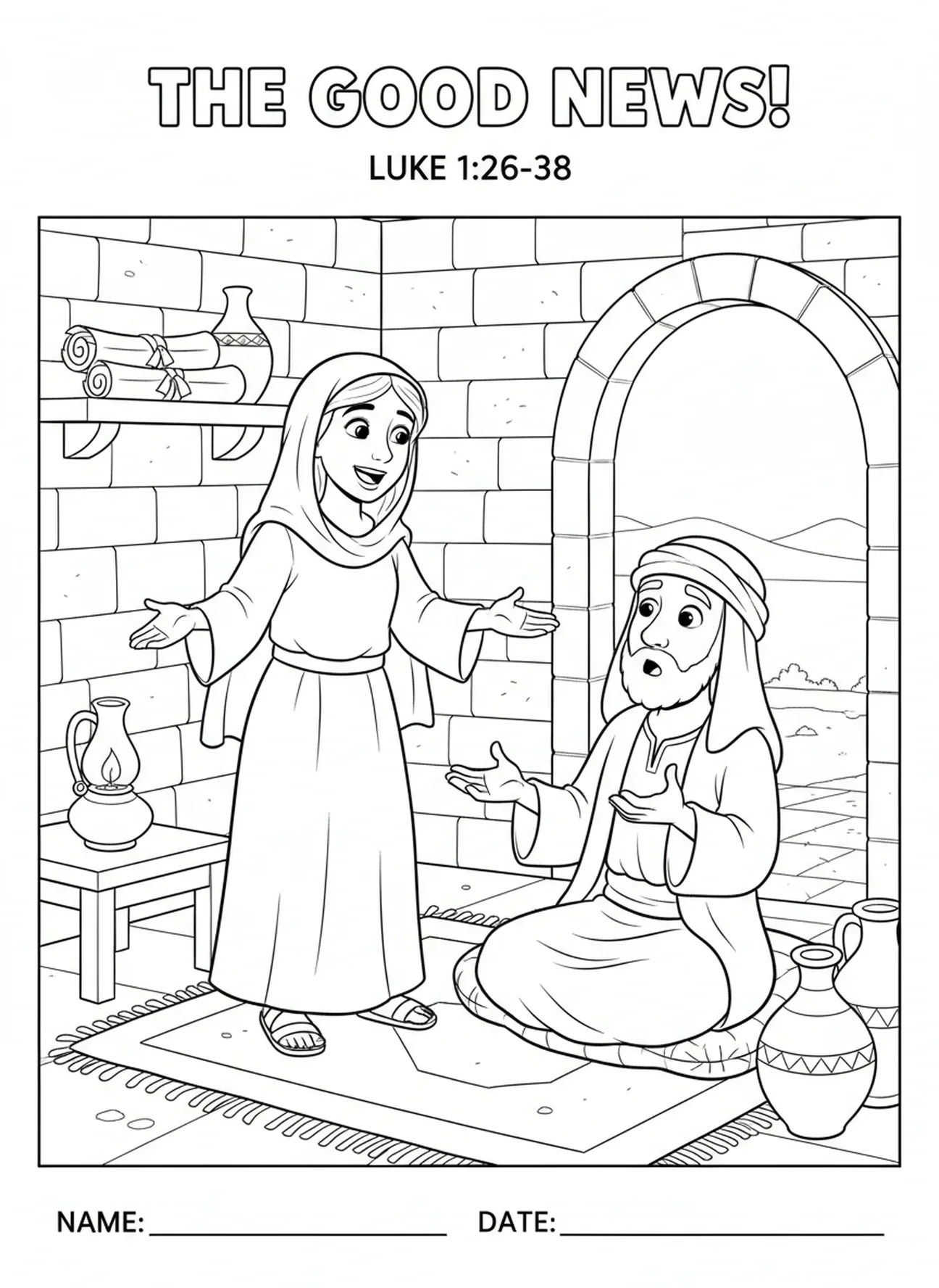 Maria erzählt Josef, Ausmalbild zur Verkündigung für Sonntagsschulkinder im Alter von 5-12 Jahren.