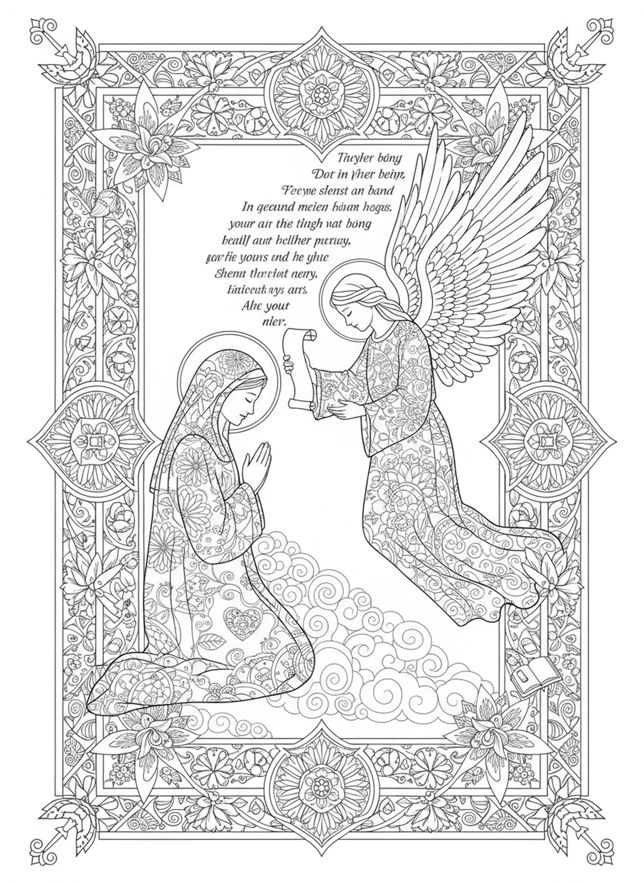 Maria e o anjo, página para colorir do Imaculado Coração de Maria no estilo de journaling bíblico para adultos.