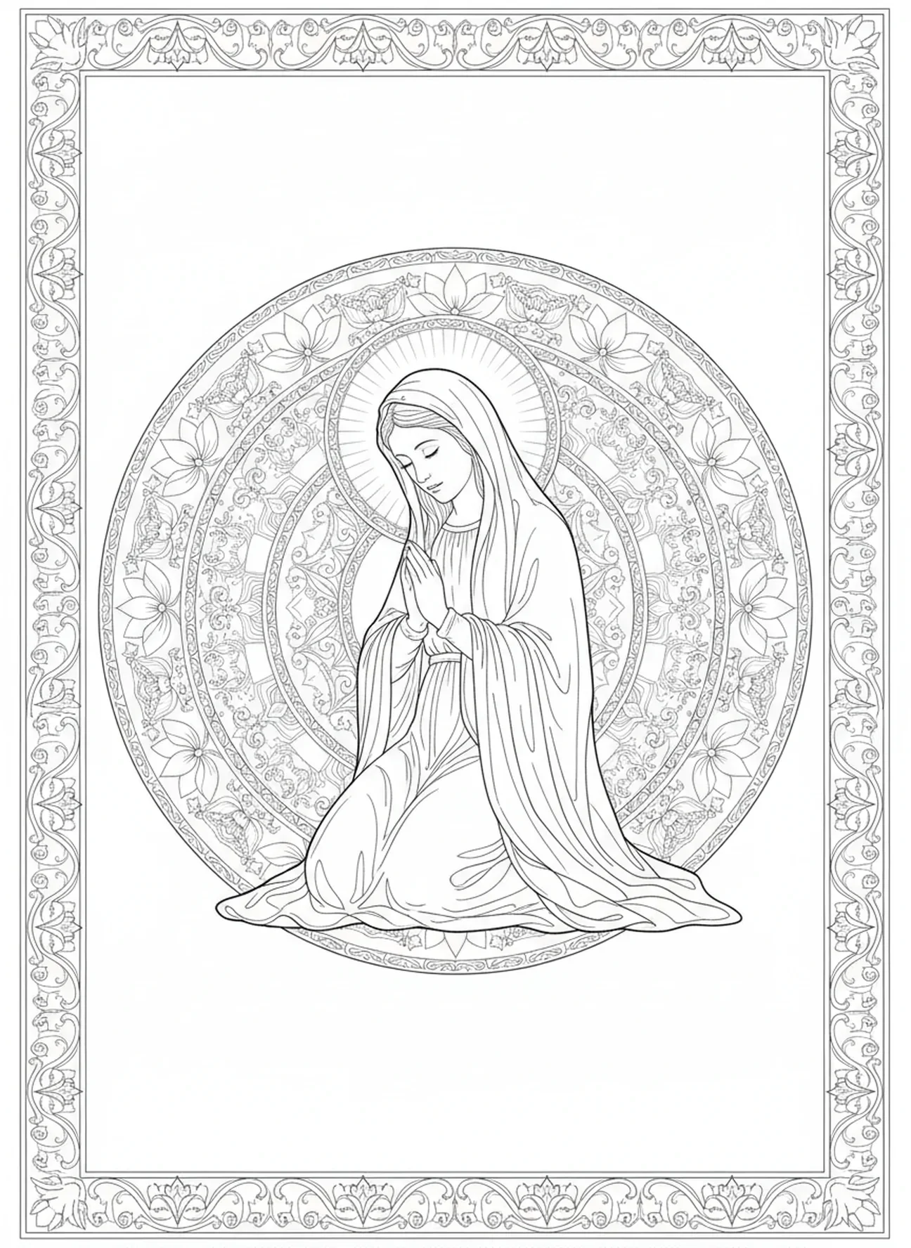 Maria em oração, página para colorir do Imaculado Coração de Maria no estilo de journaling bíblico para adultos.