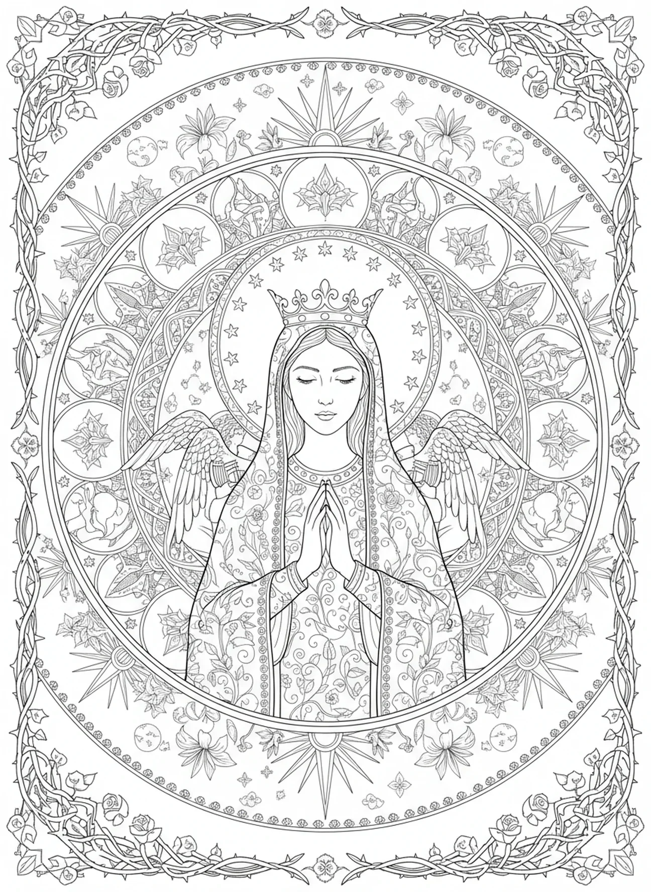 Maria Rainha do Céu, página para colorir do Coração Imaculado de Maria no estilo de journaling bíblico para adultos.