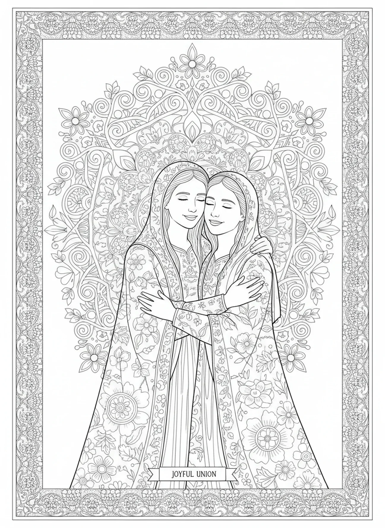 Maria visitando Isabel, página para colorir do Coração Imaculado de Maria no estilo de journaling bíblico para adultos.