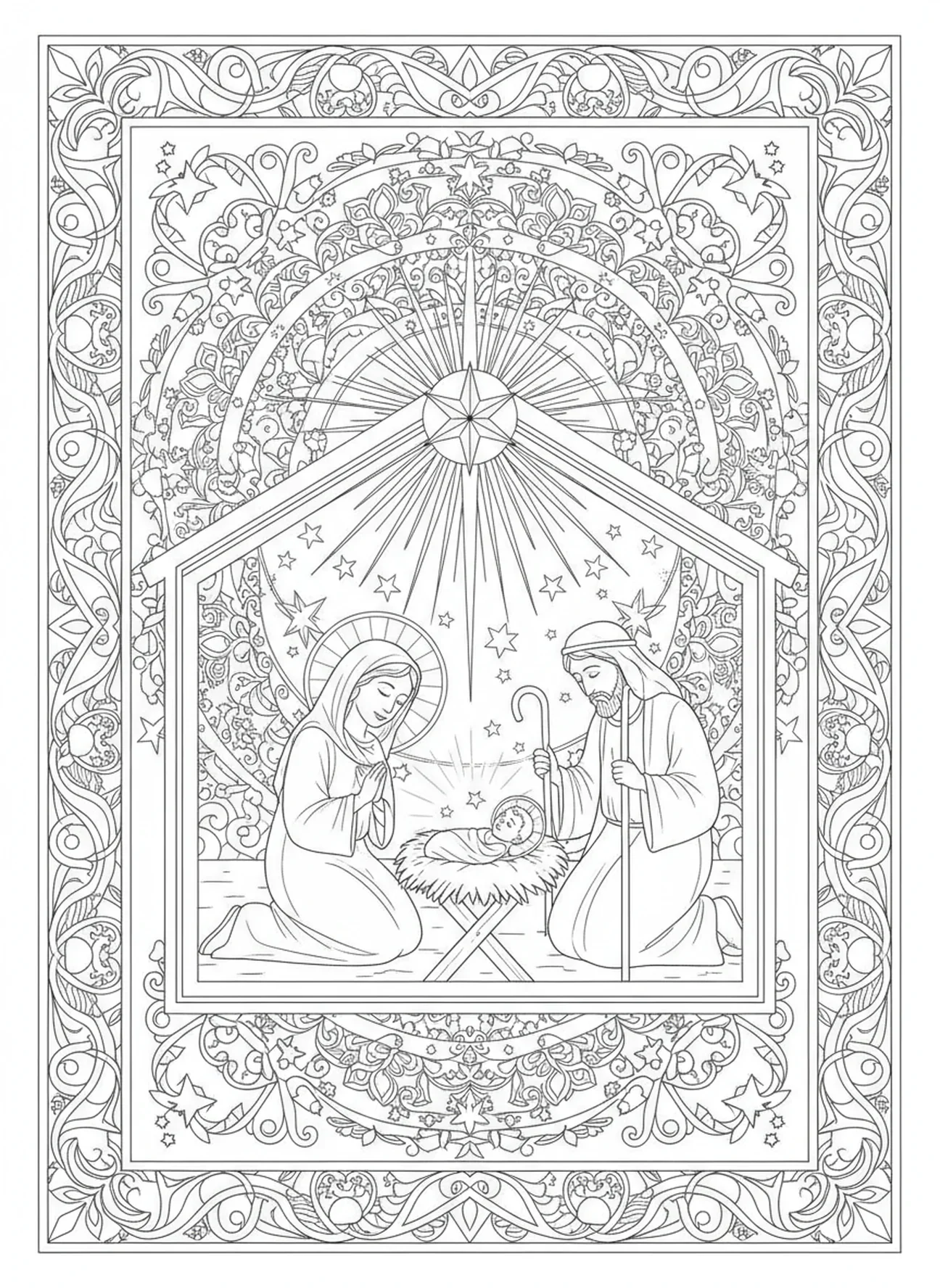 Cena de Natal, página para colorir do Imaculado Coração de Maria no estilo de journaling bíblico para adultos.