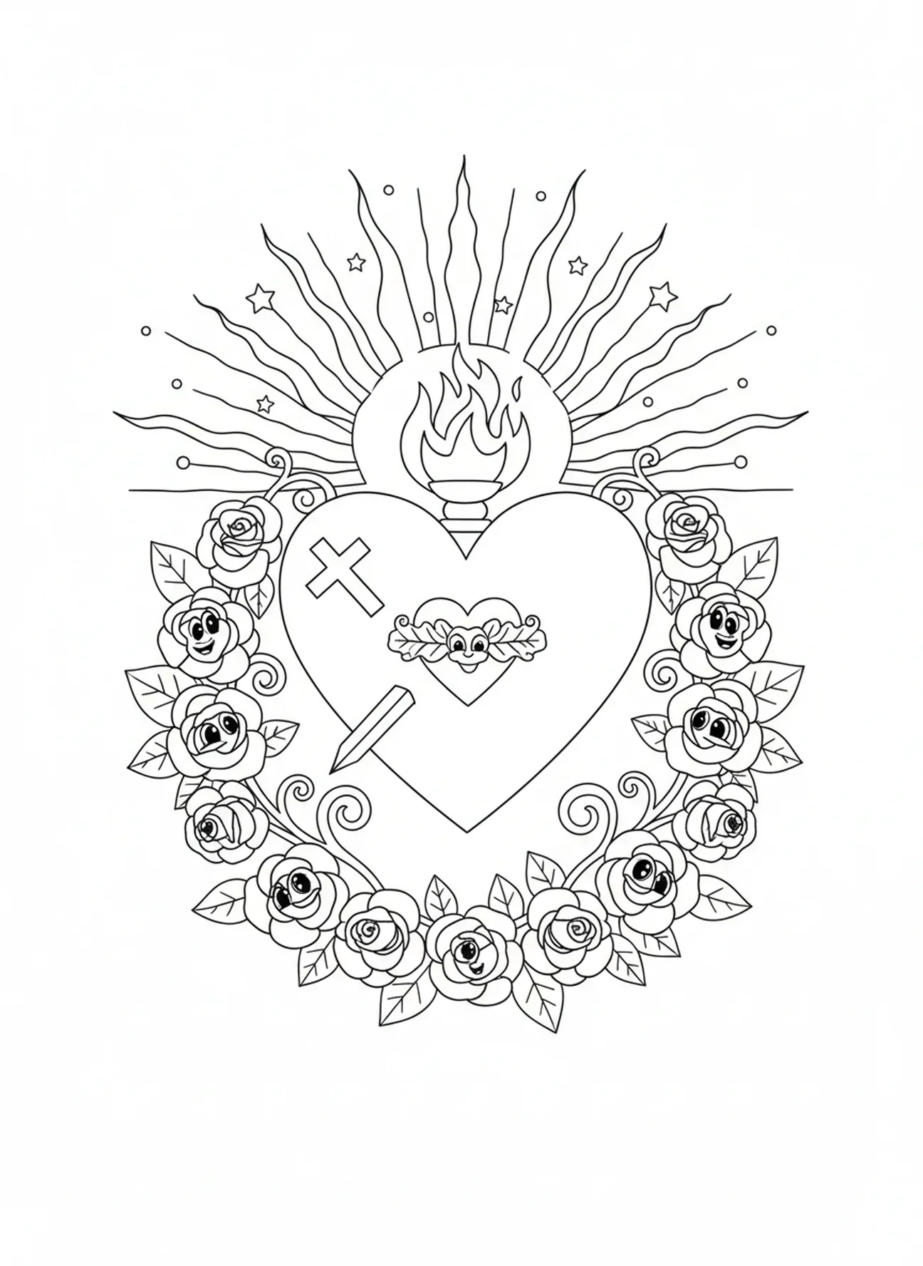 Grand cœur avec des roses, page à colorier du Cœur Immaculé de Marie pour les enfants de 5 à 10 ans