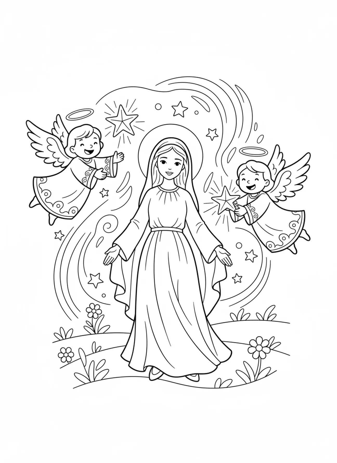 Marie avec deux anges tenant des étoiles, page à colorier du Cœur Immaculé de Marie pour les enfants de 5 à 10 ans