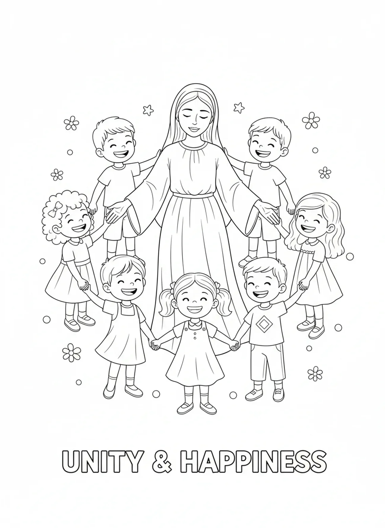 Marie avec des enfants souriants, page à colorier du Cœur Immaculé de Marie pour les enfants de 5 à 10 ans
