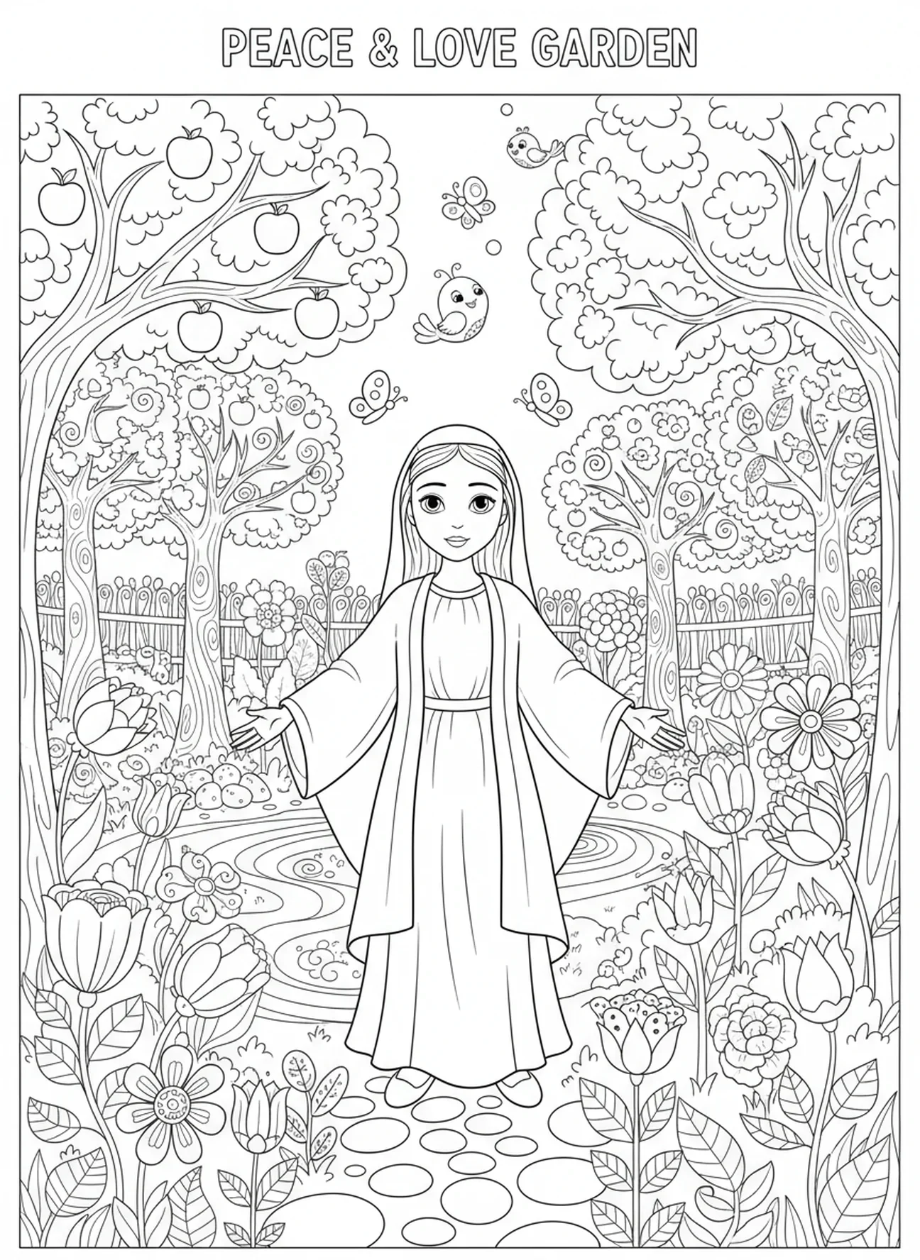 Marie dans un jardin avec des fleurs, page à colorier du Cœur Immaculé de Marie pour les enfants de 5 à 10 ans