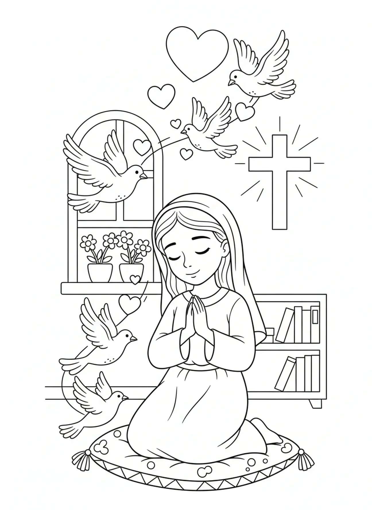 Marie à genoux en prière, page à colorier du Cœur Immaculé de Marie pour les enfants de 5 à 10 ans