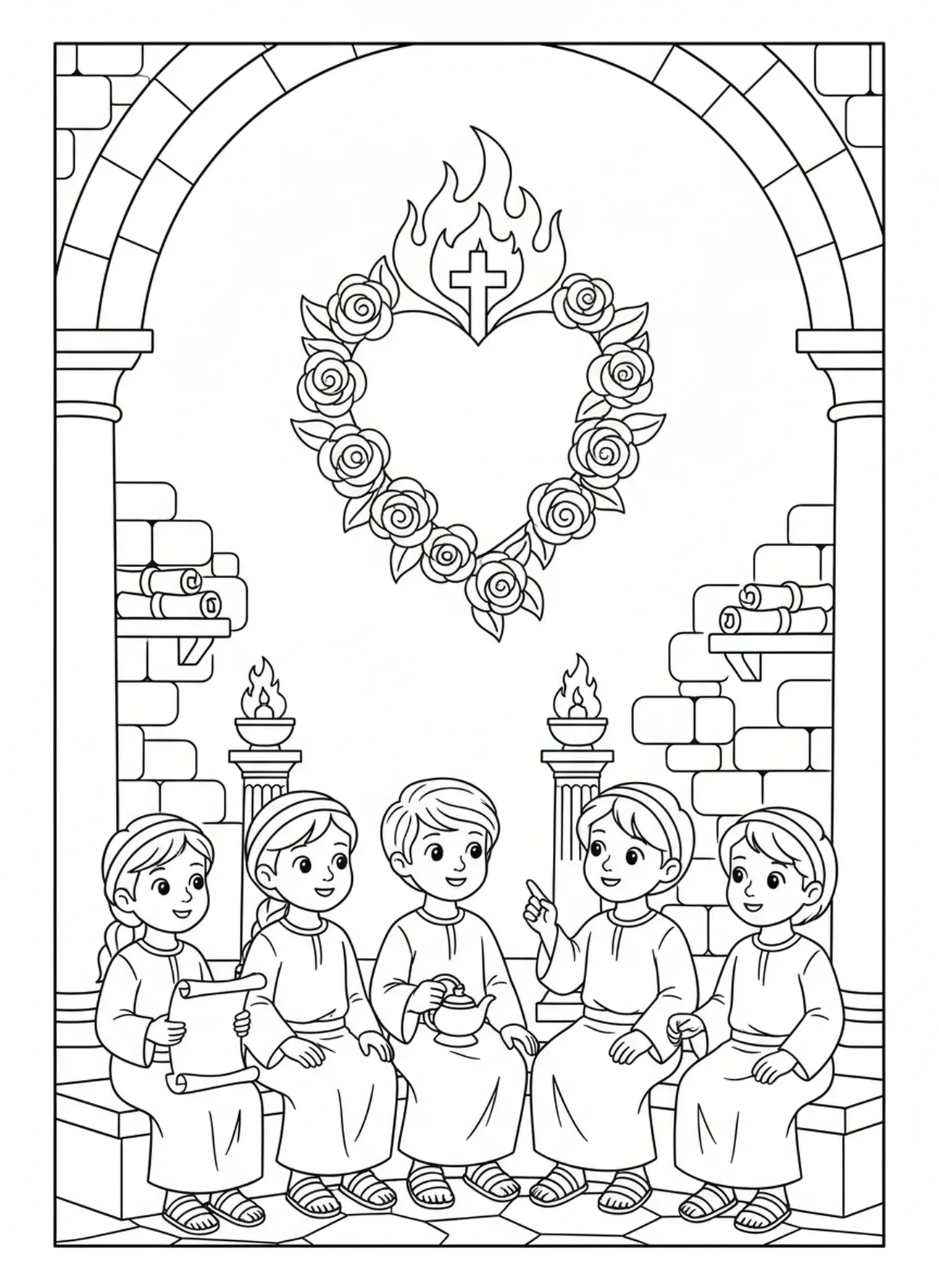 Symbool van het Onbevlekt Hart, kleurplaat van het Onbevlekt Hart van Maria voor Zondagsschoolkinderen van 5-12 jaar.