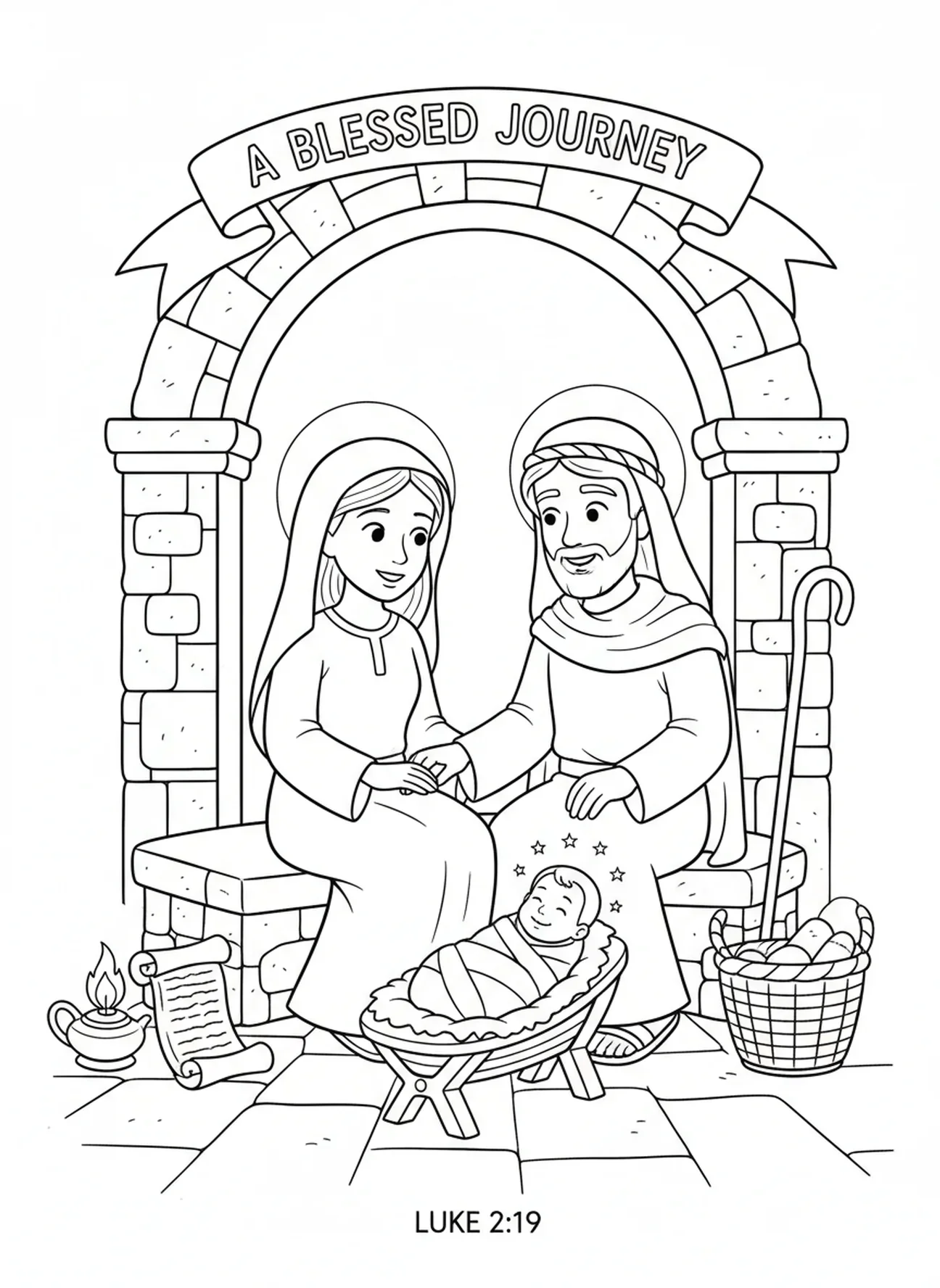 Maria en Jozef samen, kleurplaat van het Onbevlekt Hart van Maria voor Zondagsschoolkinderen van 5-12 jaar.