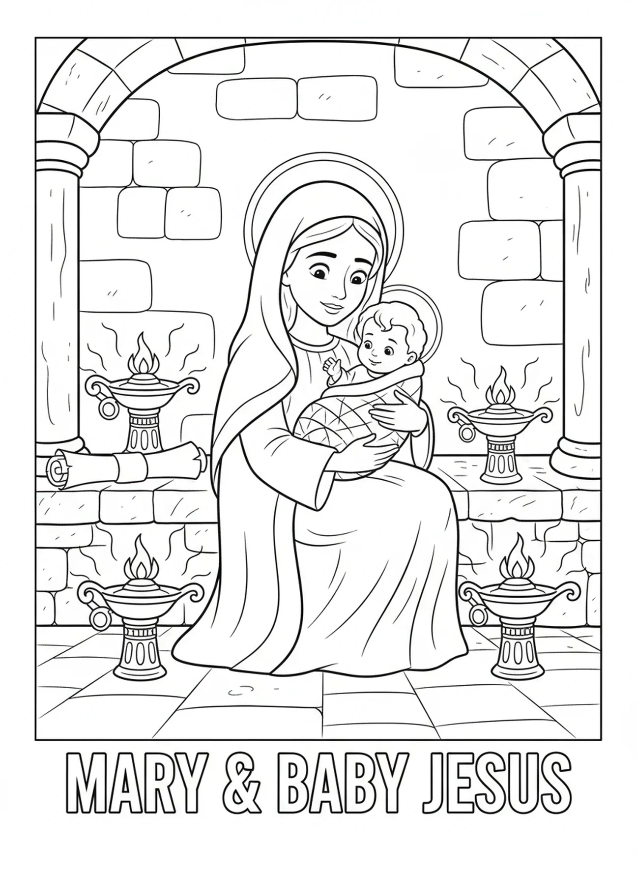 Maria zorgt voor Baby Jezus, kleurplaat van het Onbevlekt Hart van Maria voor Zondagsschoolkinderen van 5-12 jaar.