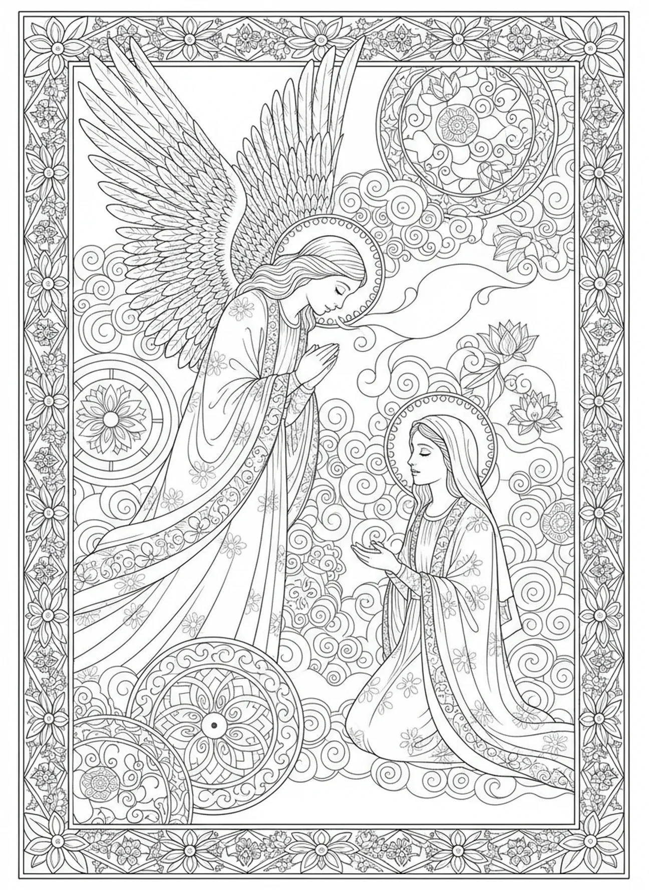 Un ange parlant à Marie, page à colorier Magnificat pour adultes dans un style de journal biblique.