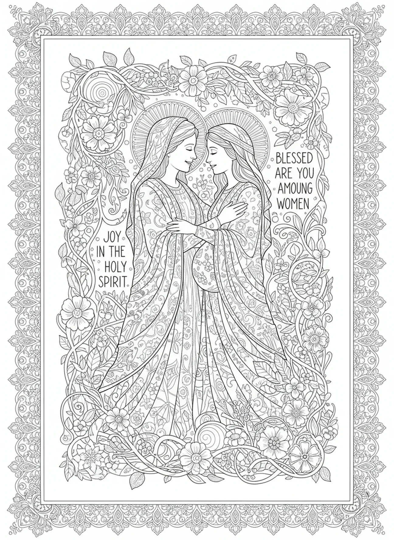 Élisabeth étreignant Marie, page à colorier du Magnificat pour le style de journalisation biblique pour adultes.