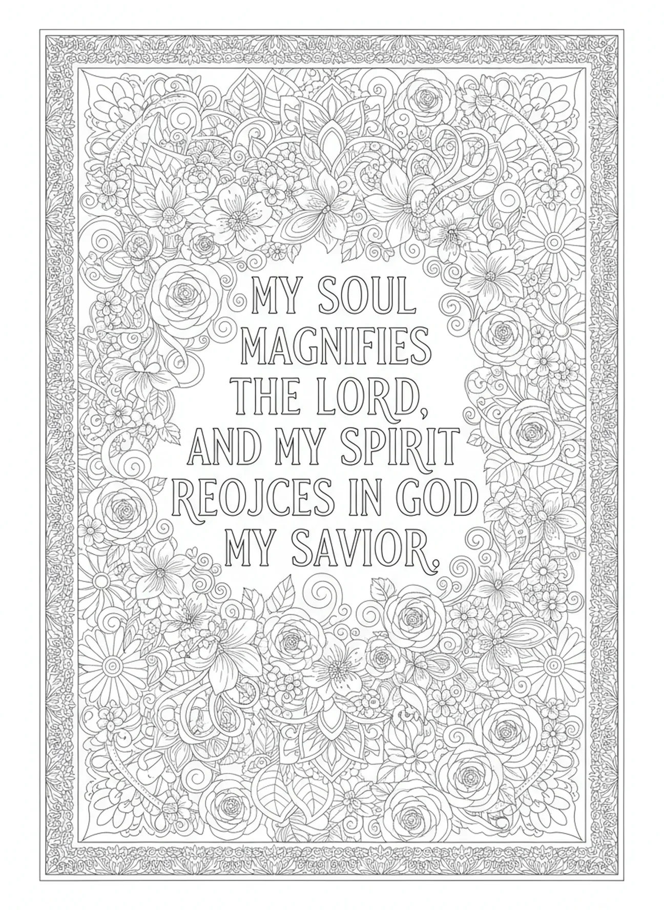 Mots ornés du Magnificat, page à colorier pour le style de journal biblique pour adultes.
