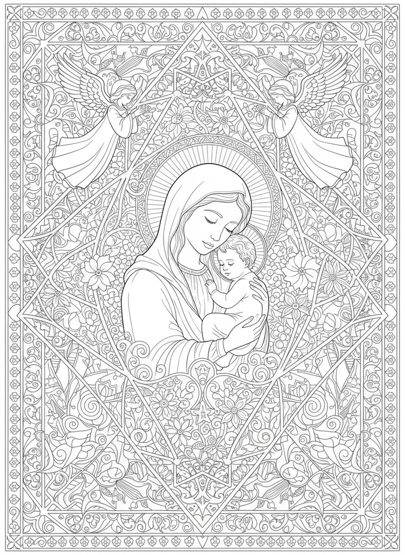 Marie tenant l'Enfant Jésus, page à colorier Magnificat pour adultes dans un style de journal biblique.
