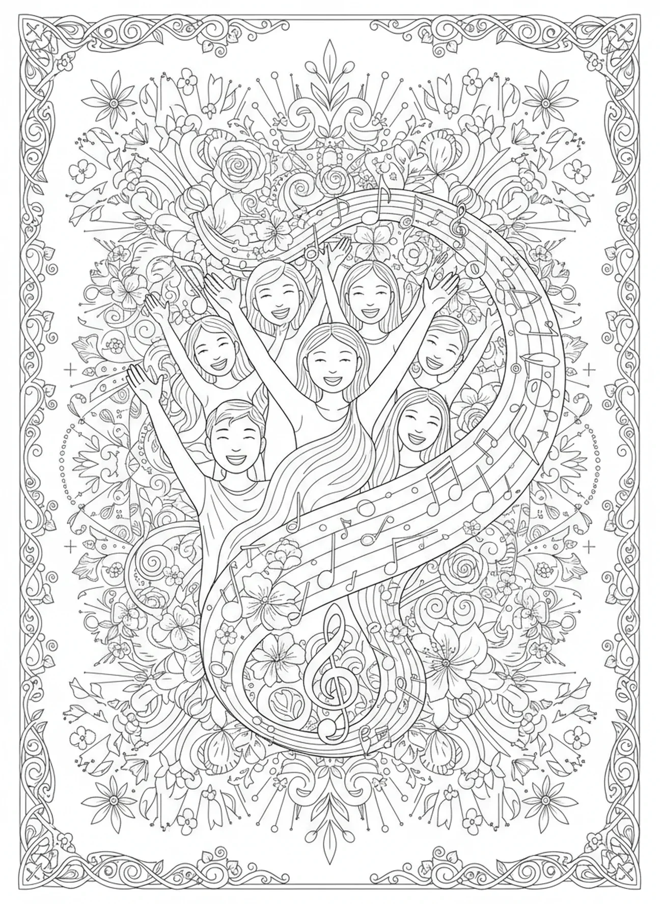 Des personnes louant, page à colorier Magnificat pour adultes dans un style de journal biblique.