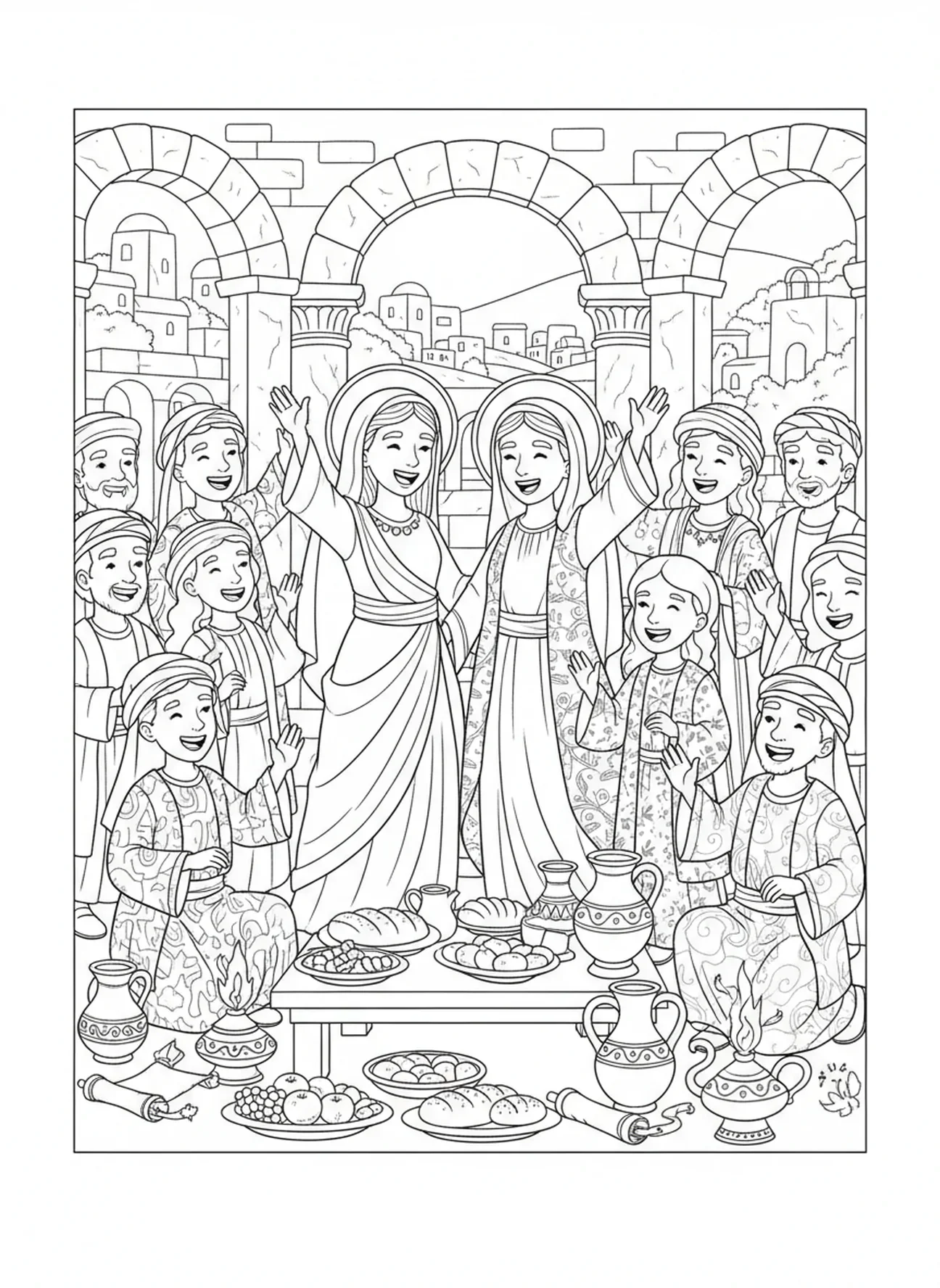 María y Elizabeth celebrando con la comunidad, página para colorear del Magnificat para niños de Escuela Dominical de 5 a 12 años.