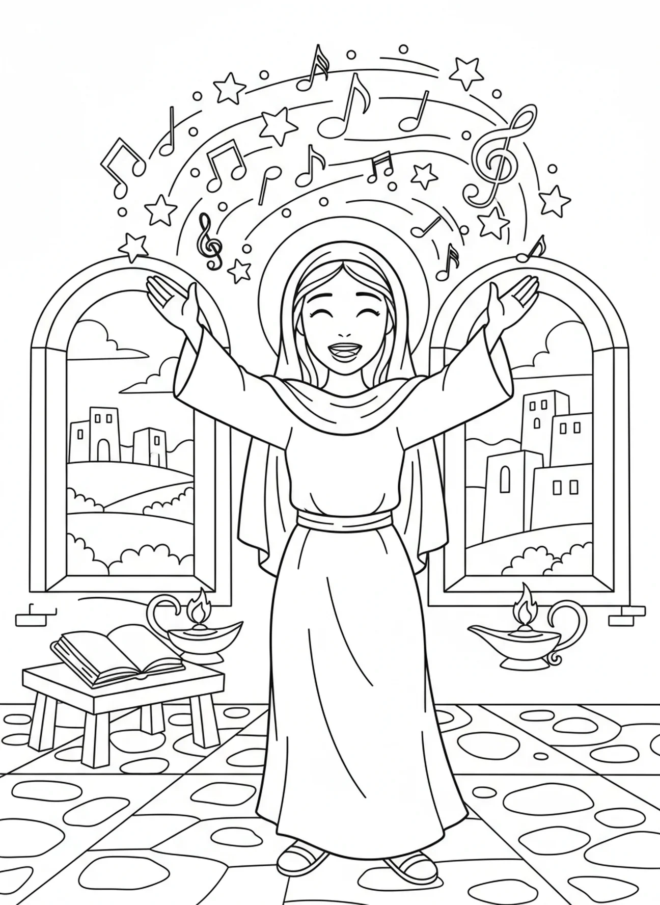 María levantando las manos con alegría en alabanza, página para colorear del Magnificat para niños de Escuela Dominical de 5 a 12 años.