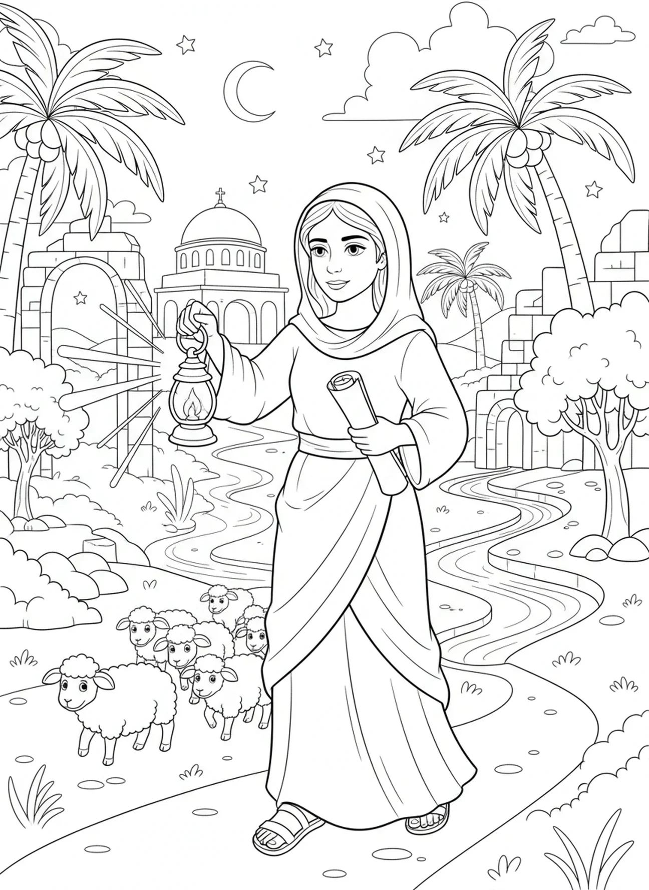 María caminando en su viaje de fe, página para colorear del Magnificat para niños de la Escuela Dominical de 5 a 12 años.