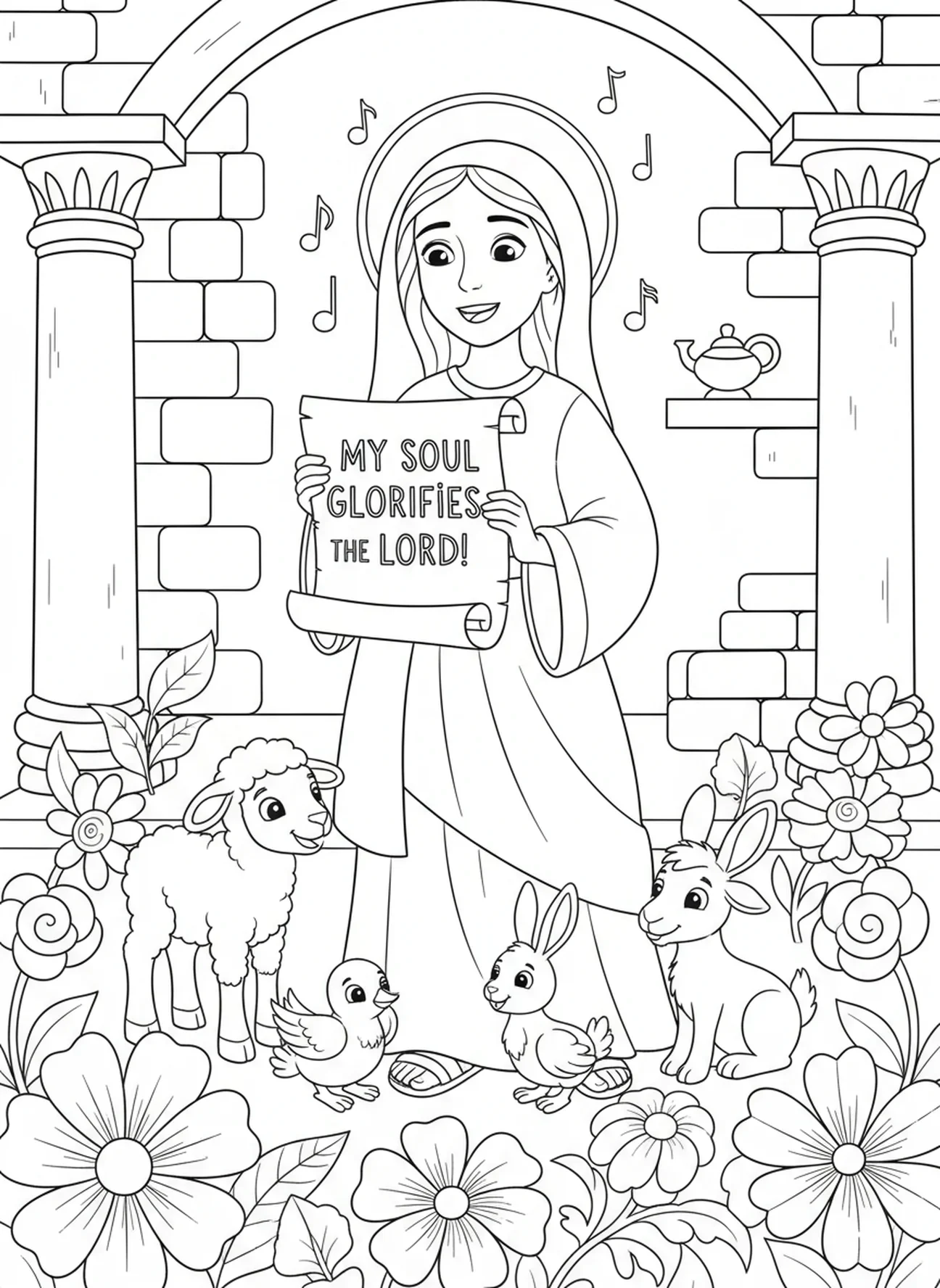 María cantando su canción de alabanza, página para colorear del Magnificat para niños de la Escuela Dominical de 5 a 12 años.