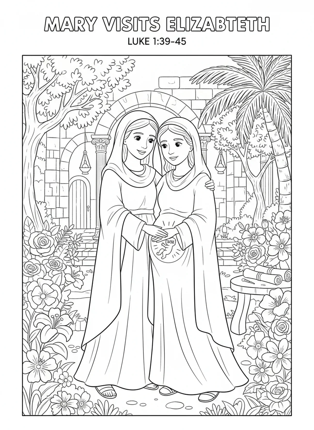 María y Elizabeth compartiendo alegría, página para colorear del Magnificat para niños de Escuela Dominical de 5 a 12 años.