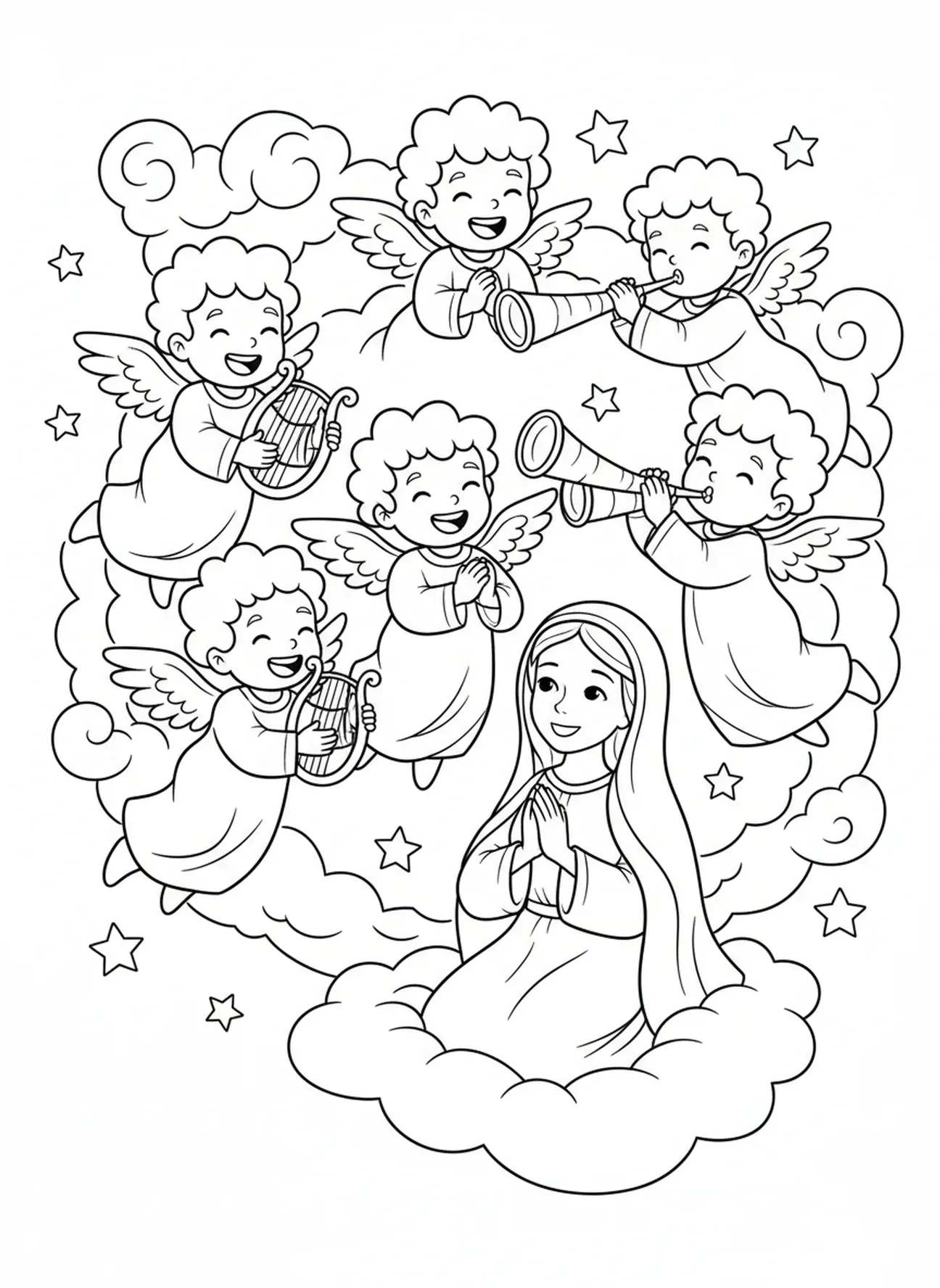 Engel singen, Malvorlage von Maria, der Königin des Himmels für Kinder im Alter von 5-10 Jahren.