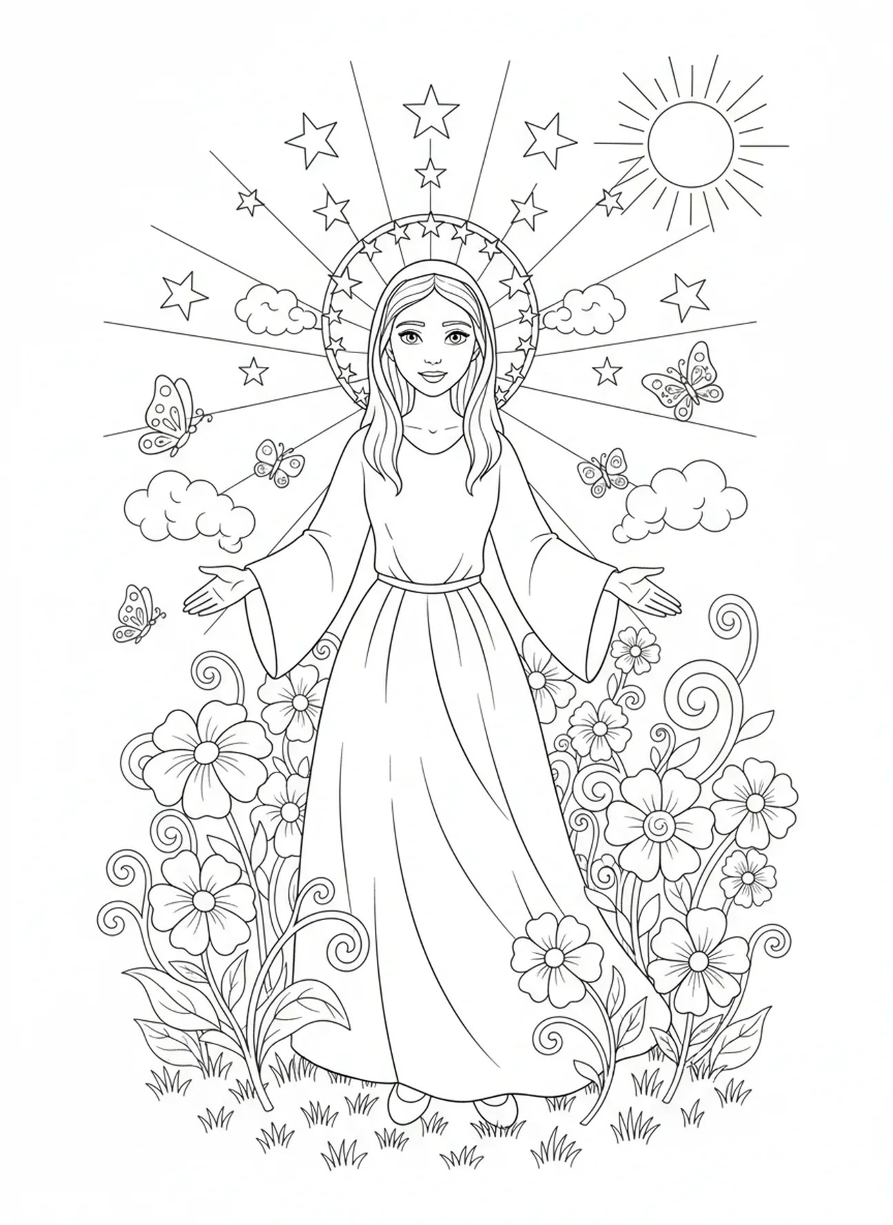 Maria zwischen Blumen, Ausmalbild der Maria Königin des Himmels für Kinder im Alter von 5-10 Jahren.