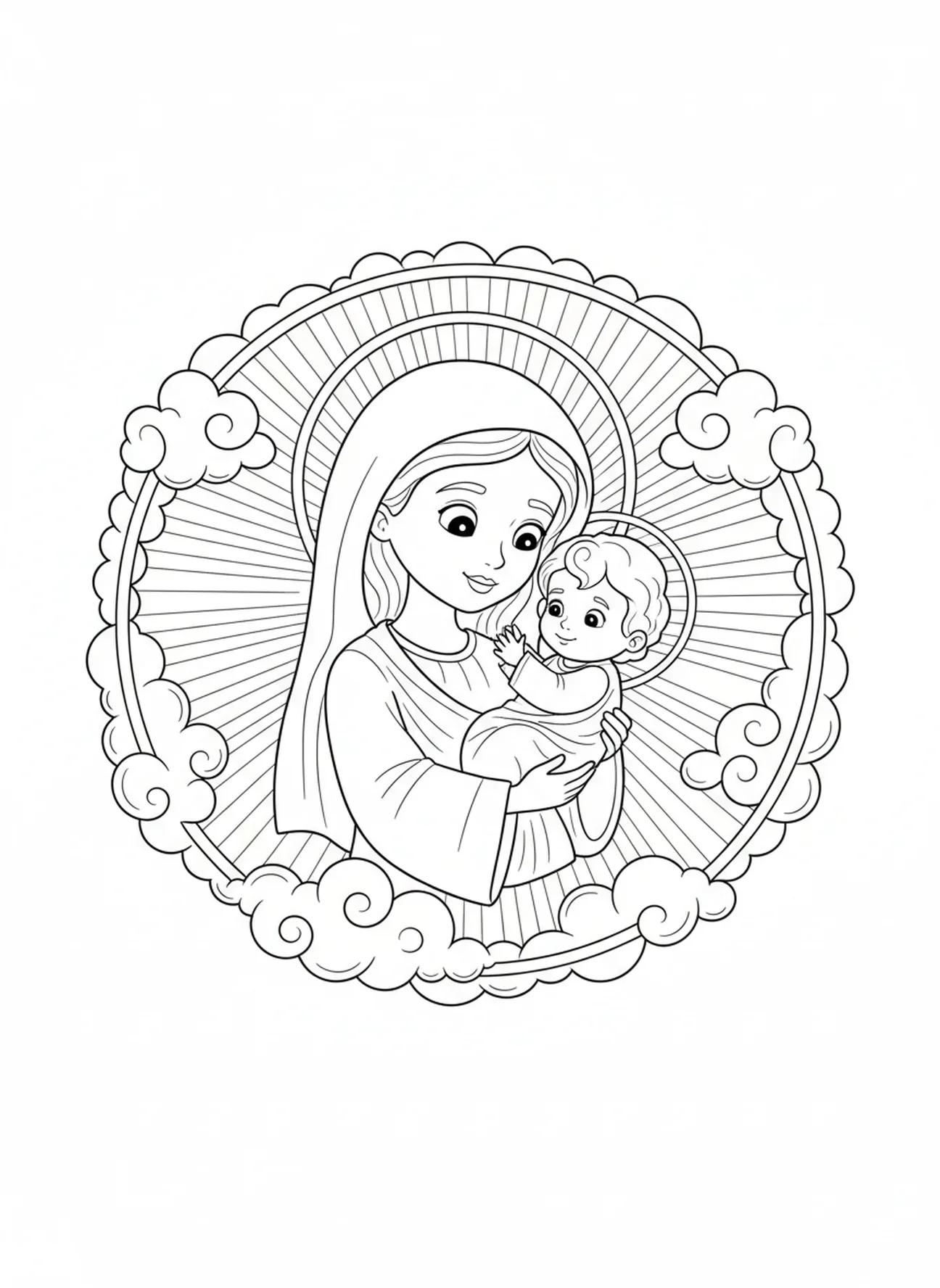 Maria hält Jesus, Ausmalbild von Maria, Königin des Himmels für Kinder im Alter von 5-10 Jahren.