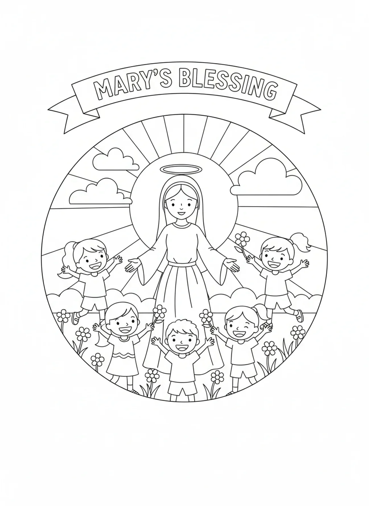Maria segnet Kinder, Ausmalbild von Maria, Königin des Himmels für Kinder im Alter von 5-10 Jahren.