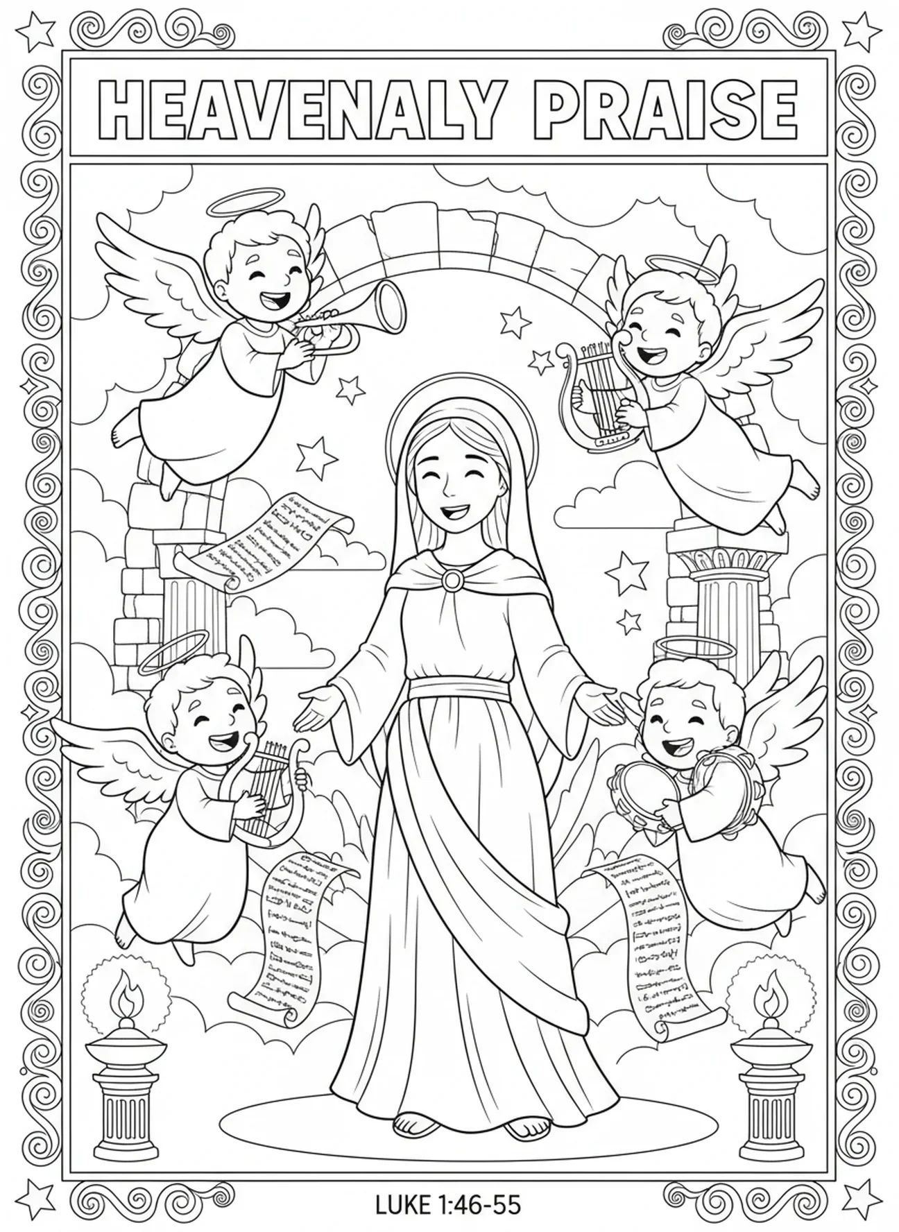 Maria mit singenden Engeln, Malvorlage Maria Königin des Himmels für Sonntagsschulkinder im Alter von 5-12 Jahren.