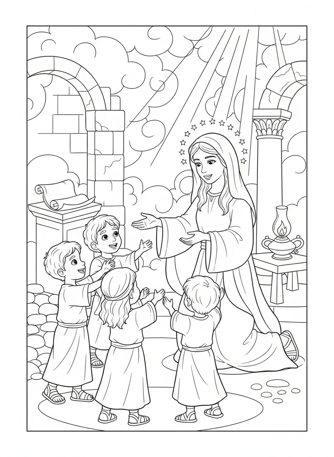 Maria mit Kindern, Ausmalbild von Maria, Königin des Himmels für die Sonntagsschule für Kinder im Alter von 5-12 Jahren.