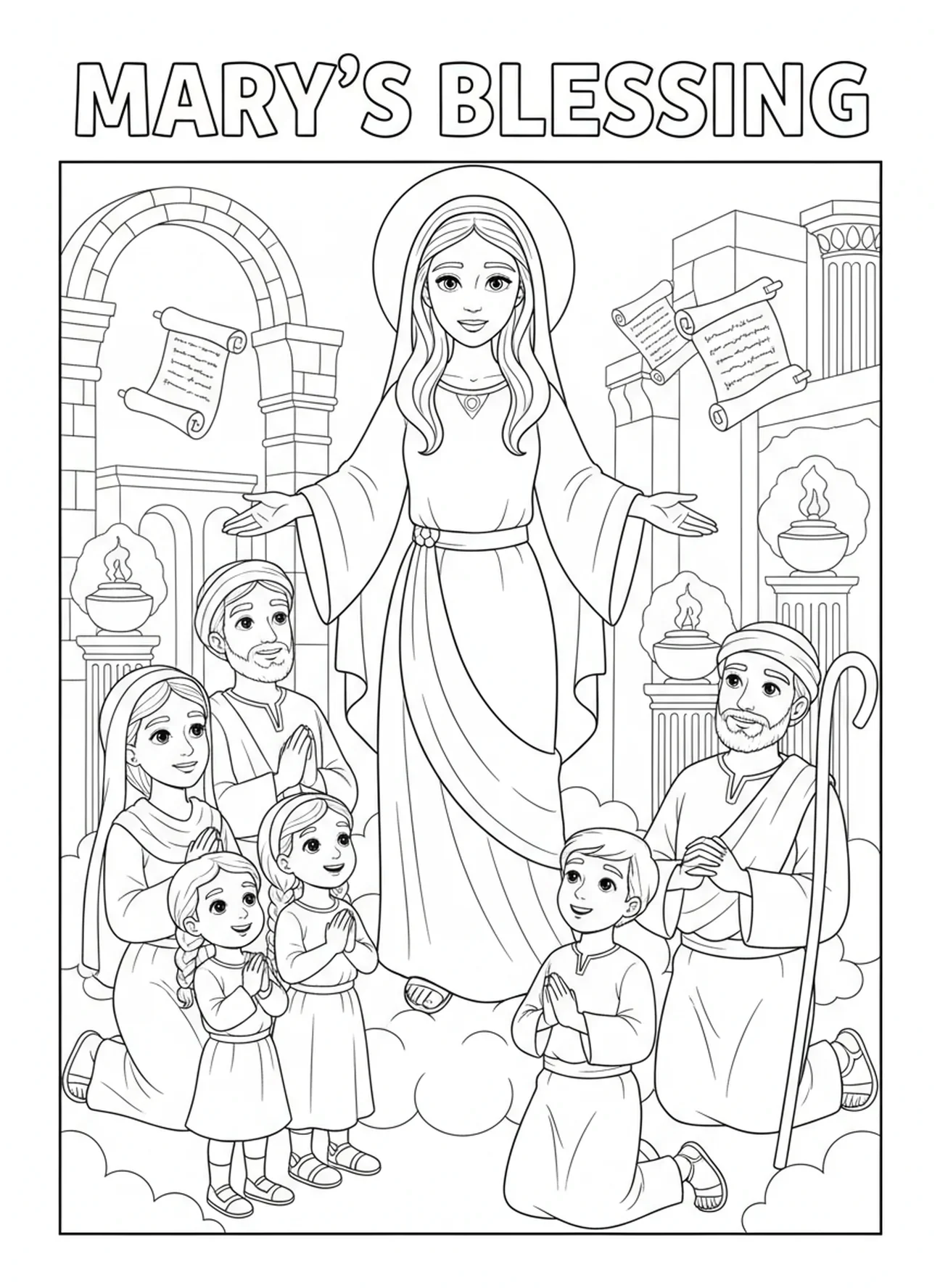 Maria, die einen Segen gibt, Ausmalbild von Maria, der Königin des Himmels, für die Sonntagsschule für Kinder im Alter von 5-12 Jahren.