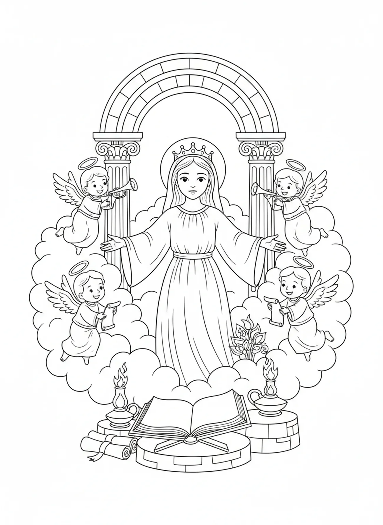 Maria mit einer Krone, Ausmalbild von Maria, der Königin des Himmels, für Kinder in der Sonntagsschule im Alter von 5-12 Jahren.