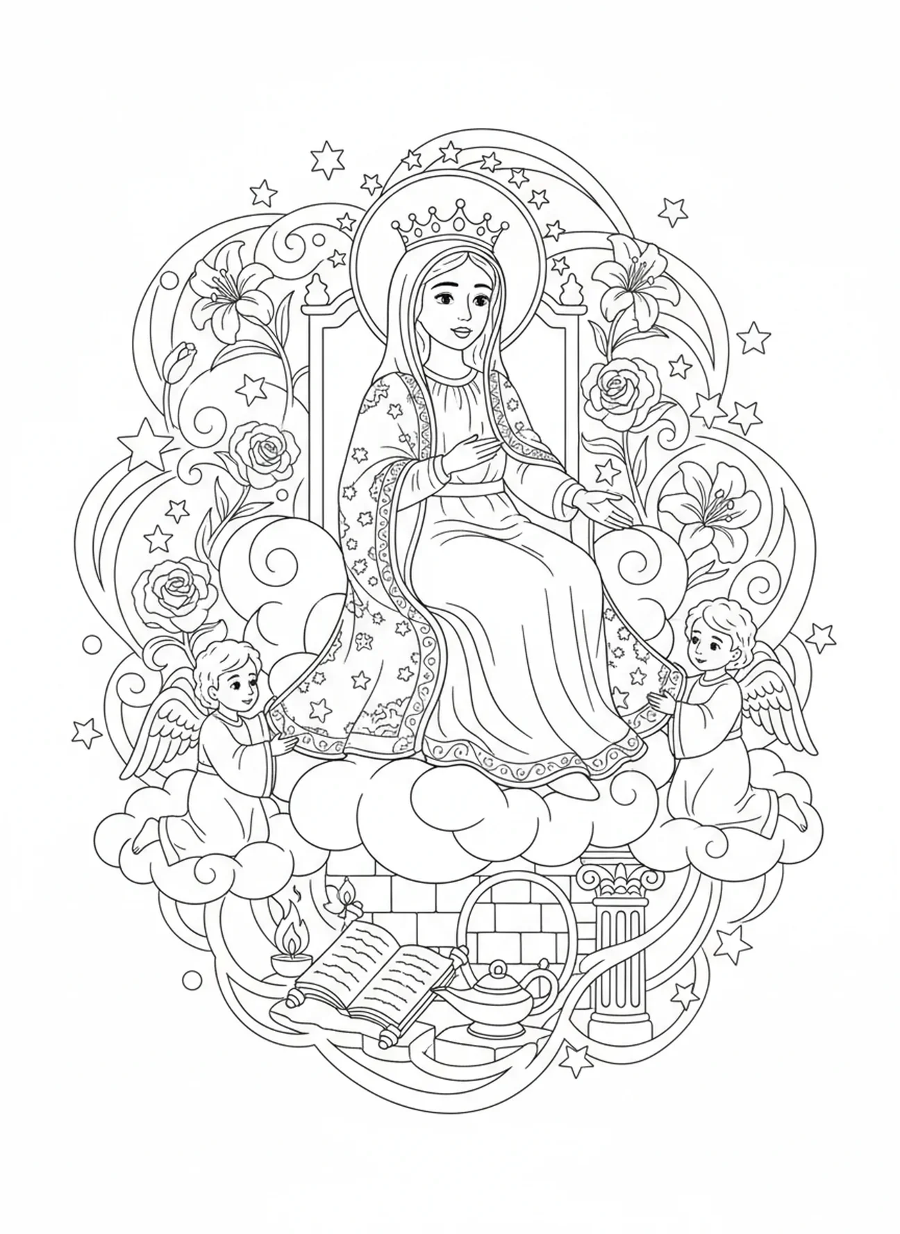 Maria auf einem Thron, Ausmalbild von Maria, der Königin des Himmels für Kinder im Religionsunterricht im Alter von 5-12 Jahren.