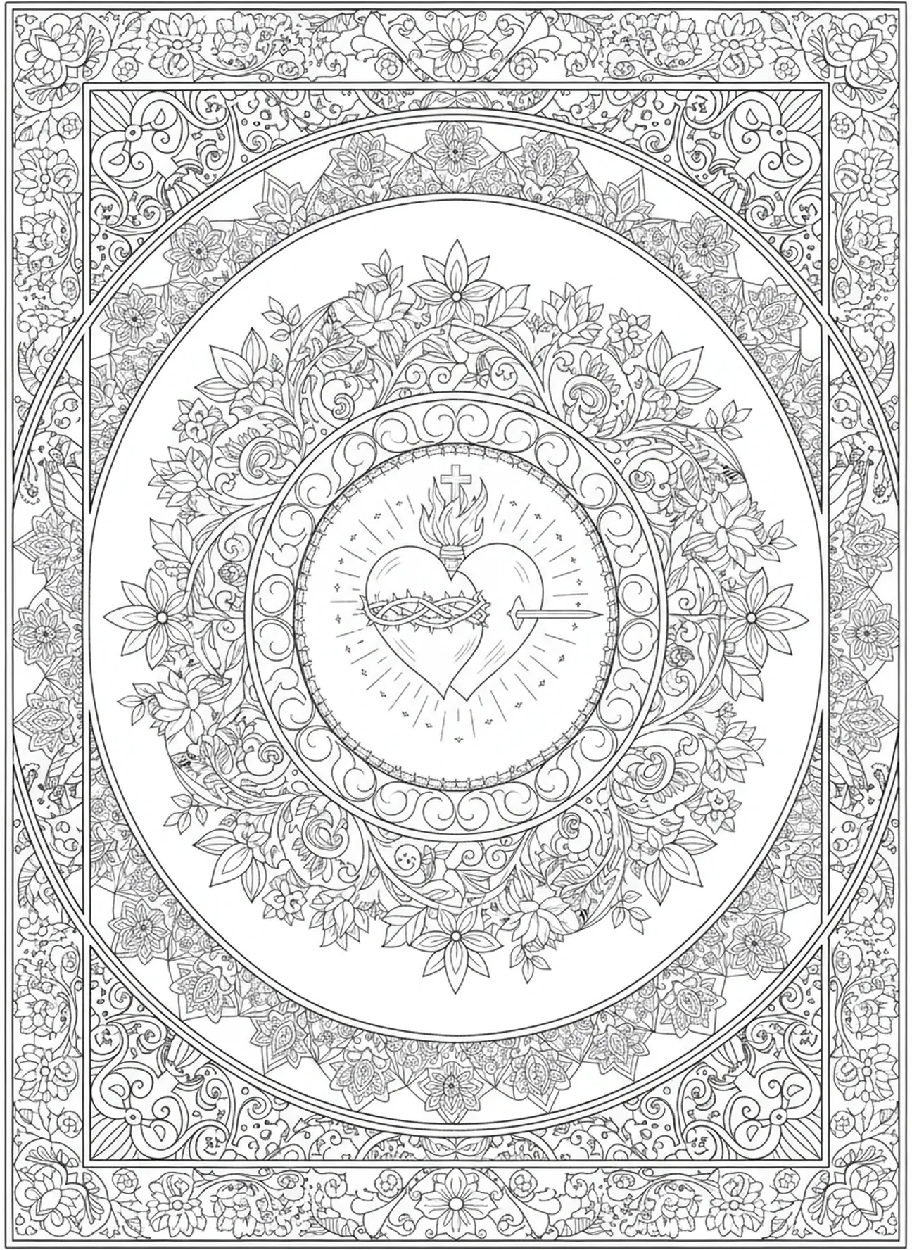 Corazones de Jesús y María, página para colorear de la Medalla Milagrosa estilo journaling bíblico para adultos.