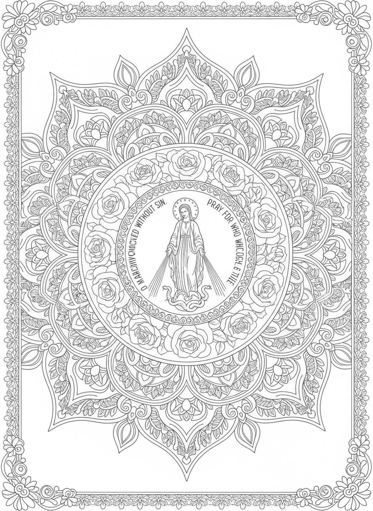 Medalla Milagrosa rodeada de rosas, página para colorear de la Medalla Milagrosa para adultos en estilo de journaling bíblico.