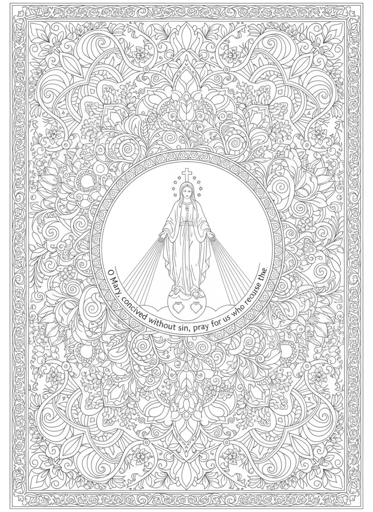 Escena de visión milagrosa, página para colorear de la Medalla Milagrosa para adultos en estilo de journaling bíblico.