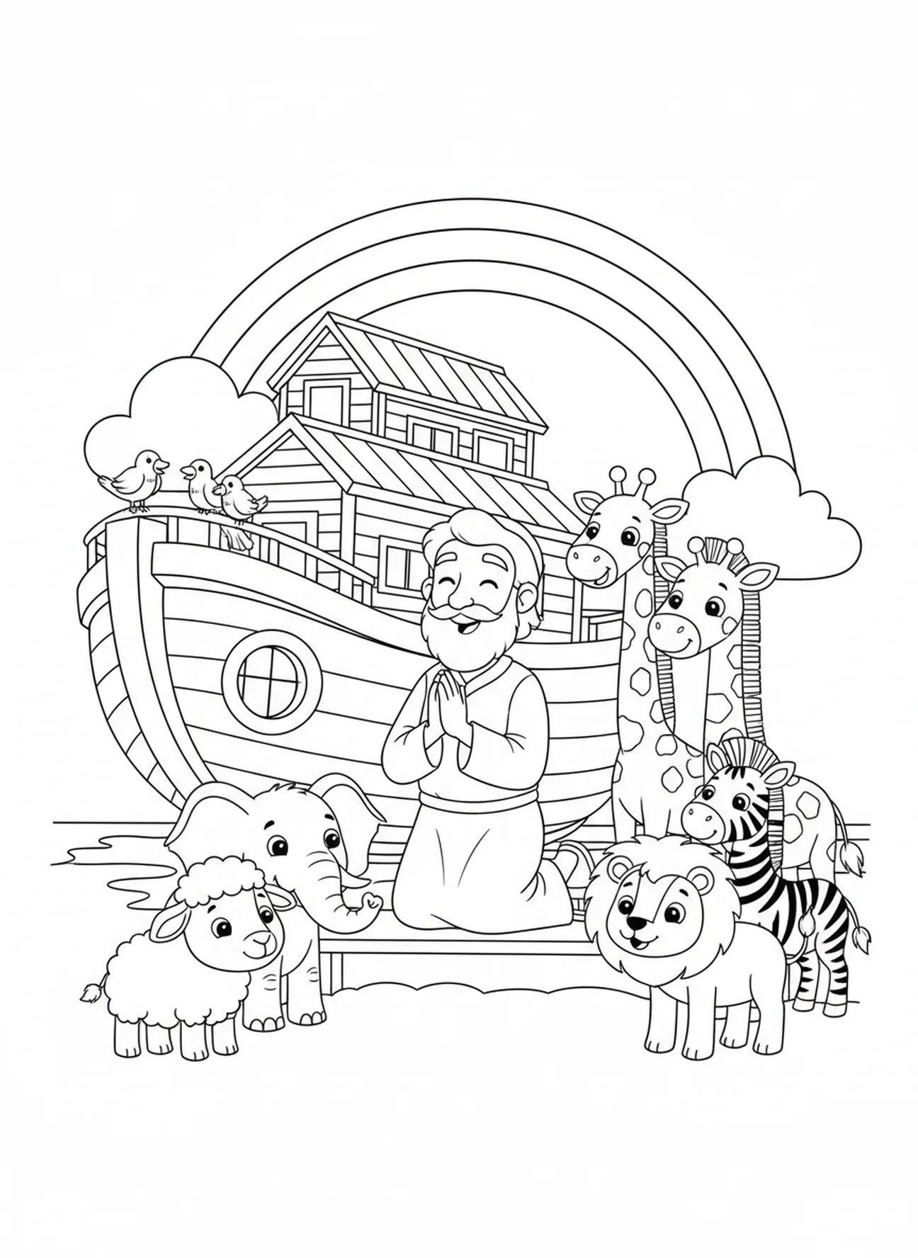 Noah betet auf der Arche, Ausmalbild der Miraculous Medal für Kinder im Alter von 5-10 Jahren.