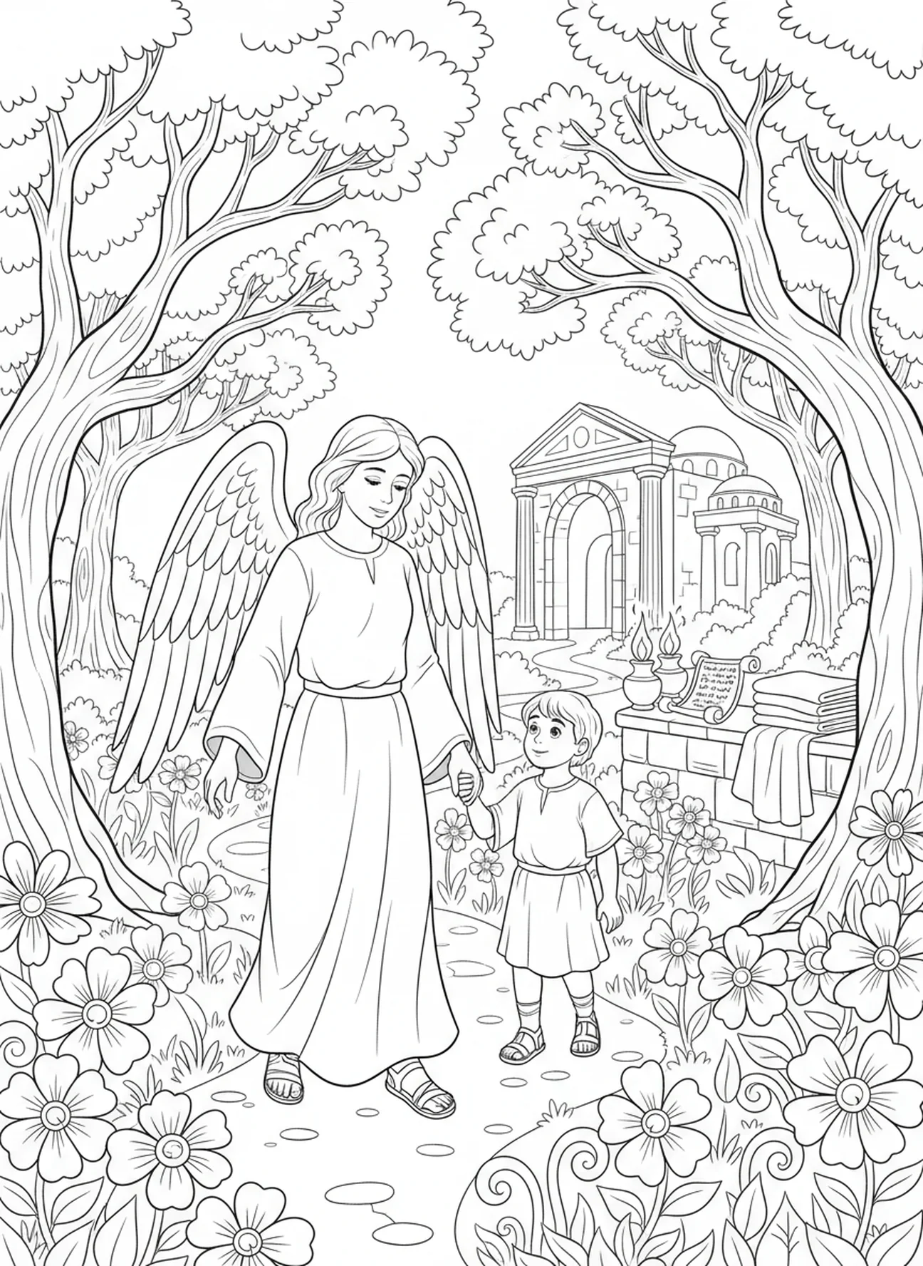Un ange guidant un enfant, page à colorier de la Médaille Miraculeuse pour les enfants de l'École du dimanche âgés de 5 à 12 ans.