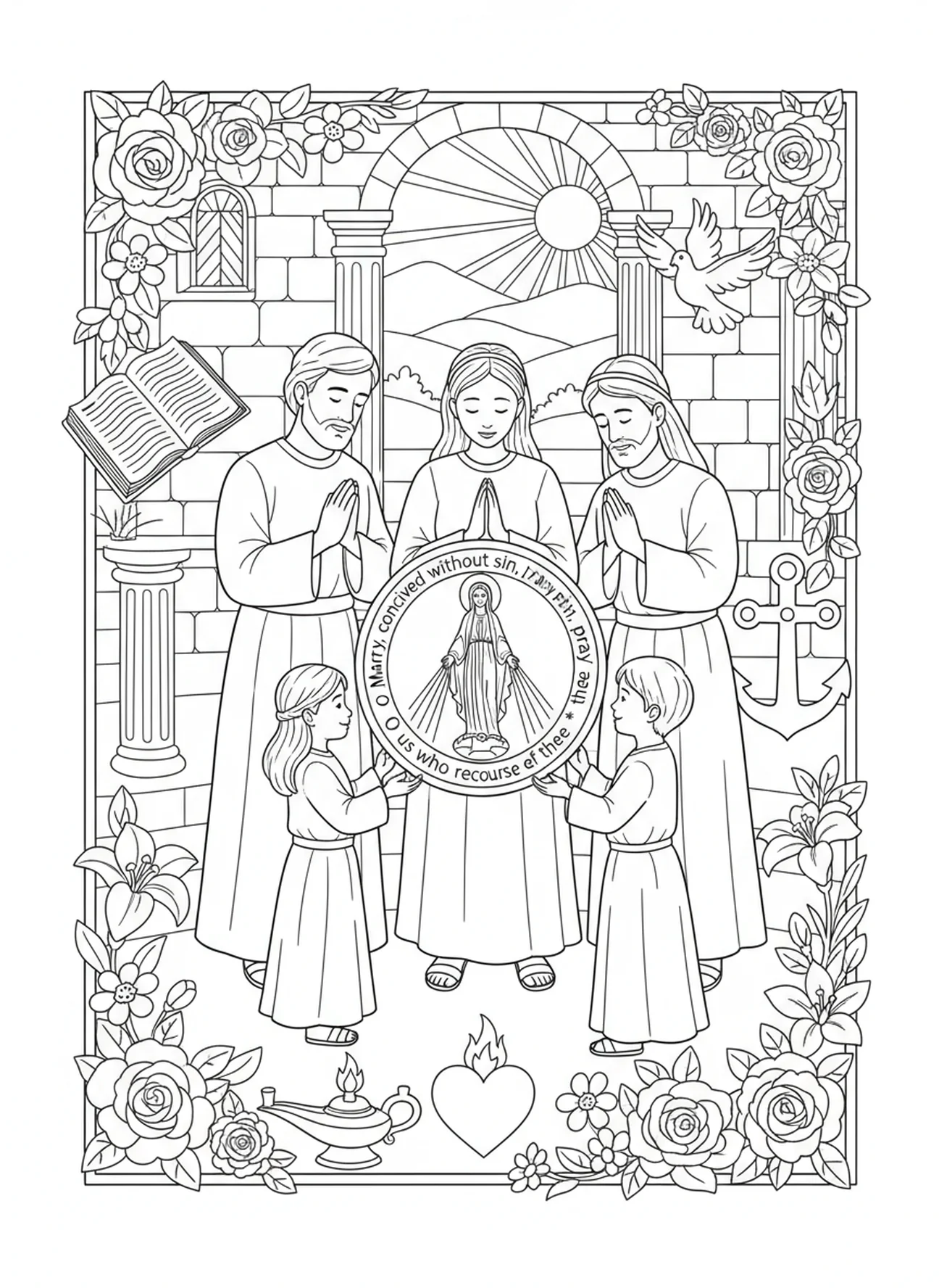 Famille recevant des bénédictions, page à colorier de la Médaille Miraculeuse pour les enfants de l'École du dimanche âgés de 5 à 12 ans.