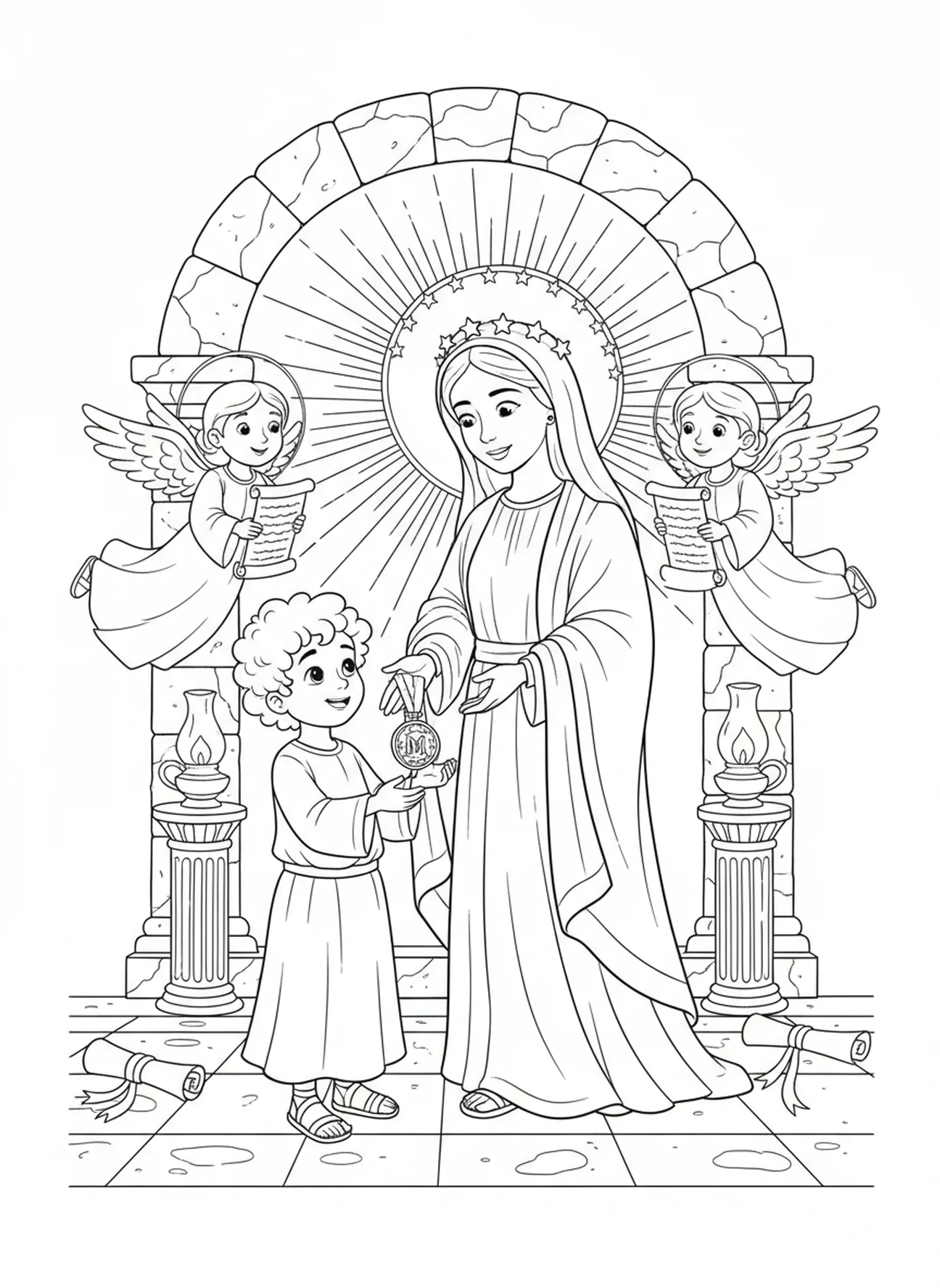 Enfant recevant la médaille, page à colorier de la Médaille Miraculeuse pour les enfants de catéchisme âgés de 5 à 12 ans.