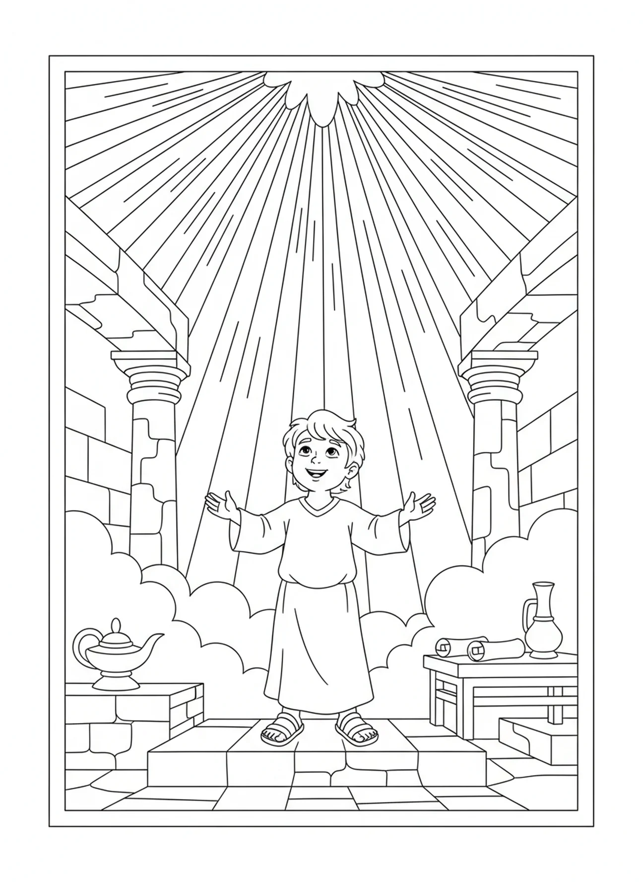 Lumière radieuse venant du ciel, page à colorier de la Médaille Miraculeuse pour les enfants de catéchisme âgés de 5 à 12 ans.