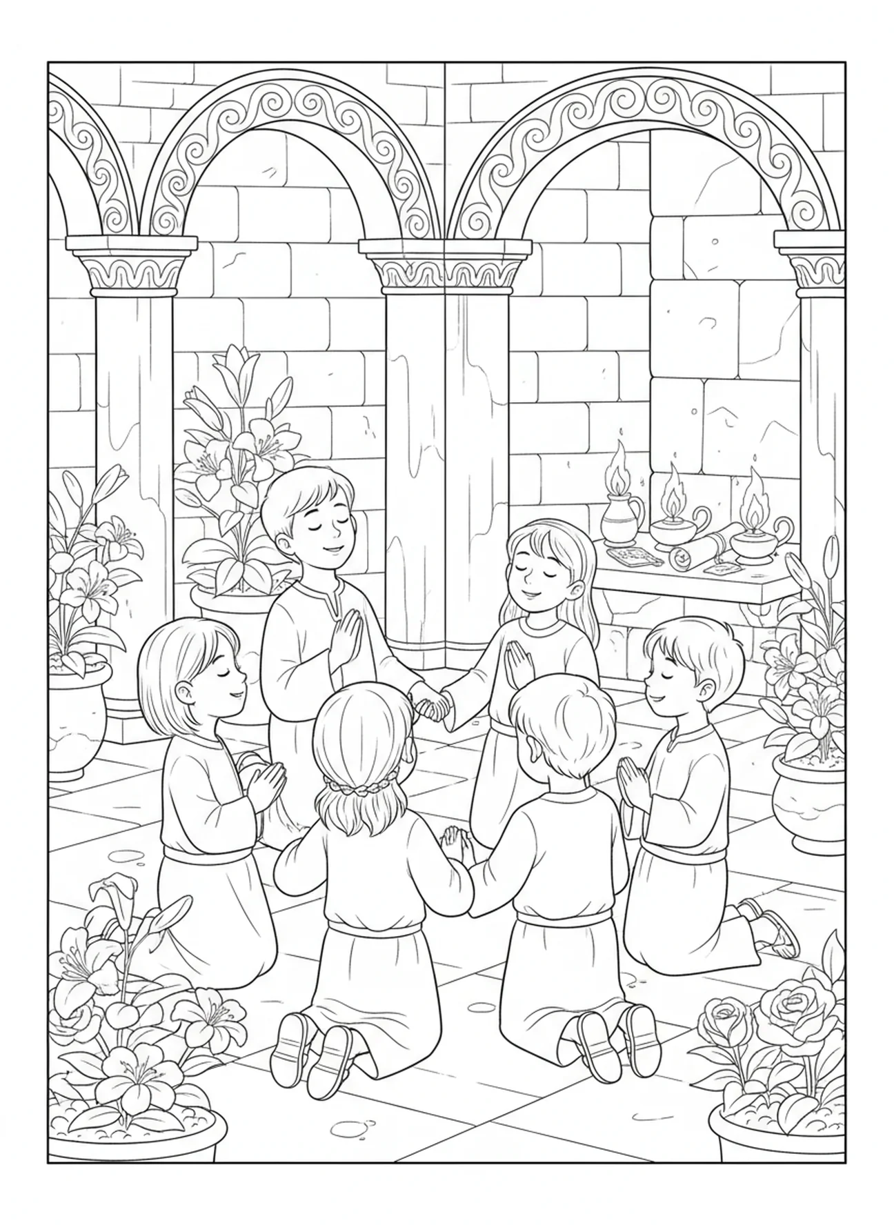 Enfants priant ensemble, page à colorier de la Médaille Miraculeuse pour les enfants de catéchisme âgés de 5 à 12 ans.