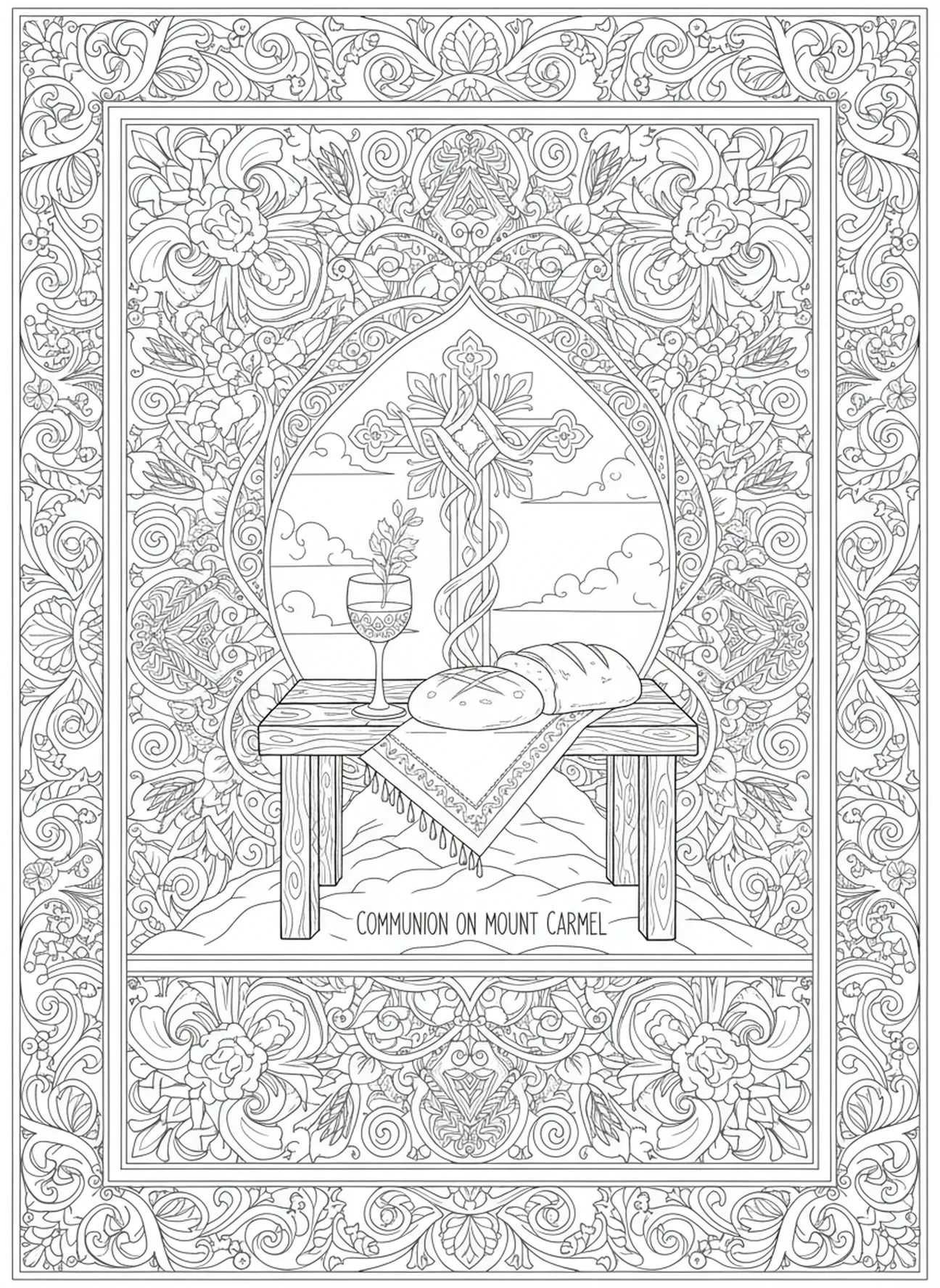 Kommunionsszene auf dem Berg Karmel, Ausmalbild von Unsere Liebe Frau vom Berge Karmel im Stil des Bibel-Journalings für Erwachsene