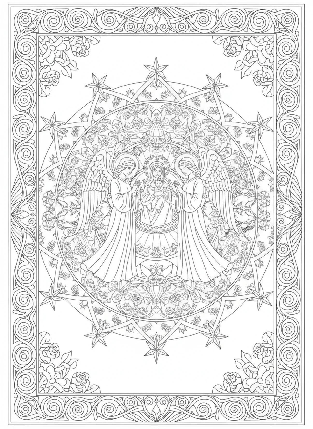 Engel umgeben Maria und Jesus, Ausmalbild der Gottesmutter von der immerwährenden Hilfe im Stil des Bibel-Journalings für Erwachsene.
