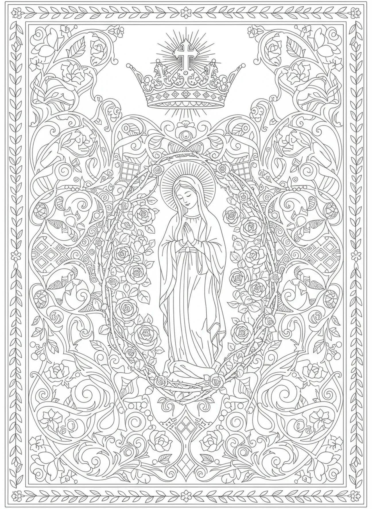 Prunkvolle Krone über Maria, Unsere Liebe Frau von der immerwährenden Hilfe Ausmalbild für Erwachsene im Bibel-Journaling-Stil.